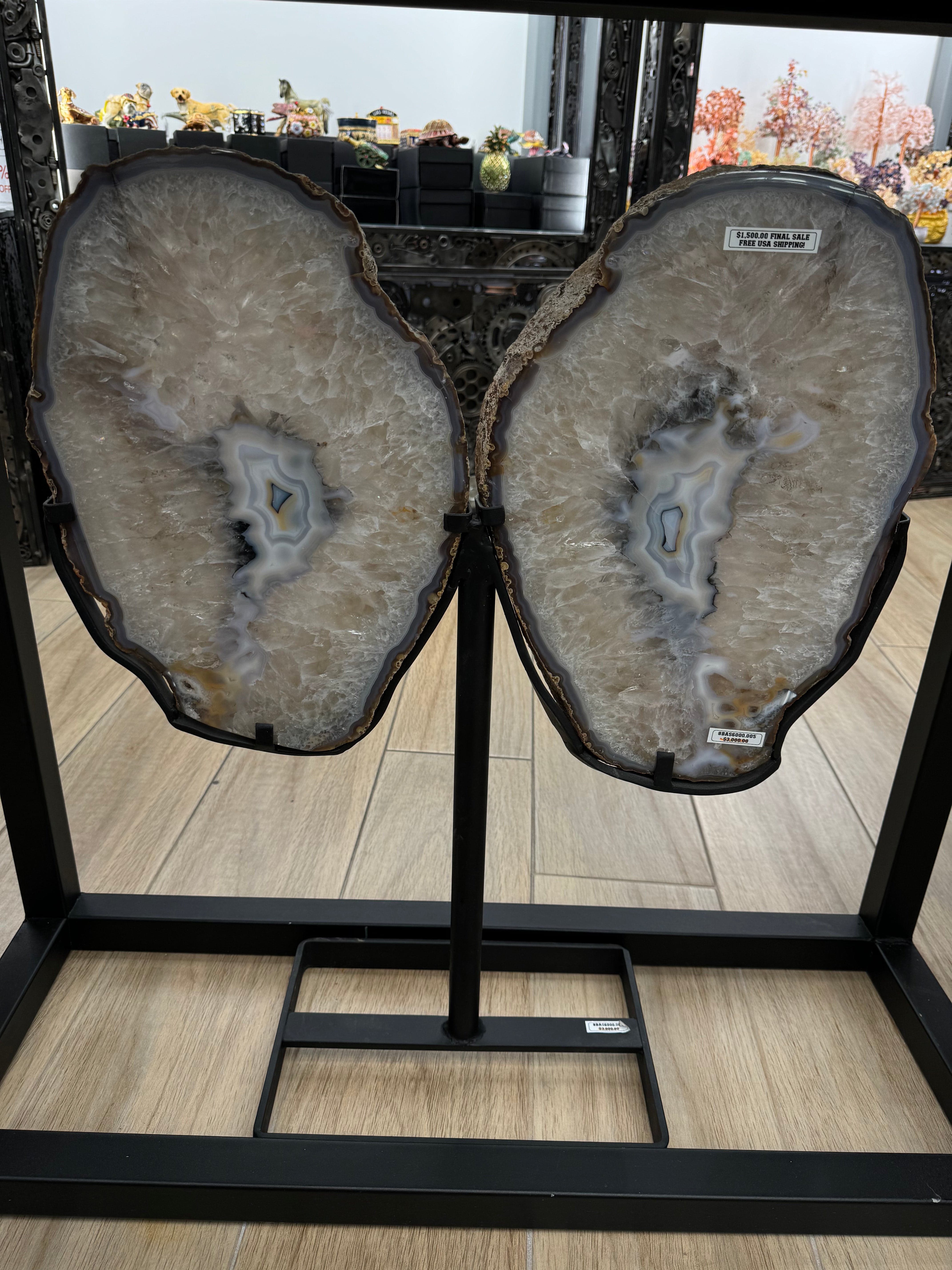 Kalifano Agate Natural Brazilian Agate & Quartz Slice Wings on Custom Stand - 27" / 33 lbs BAS6000.005