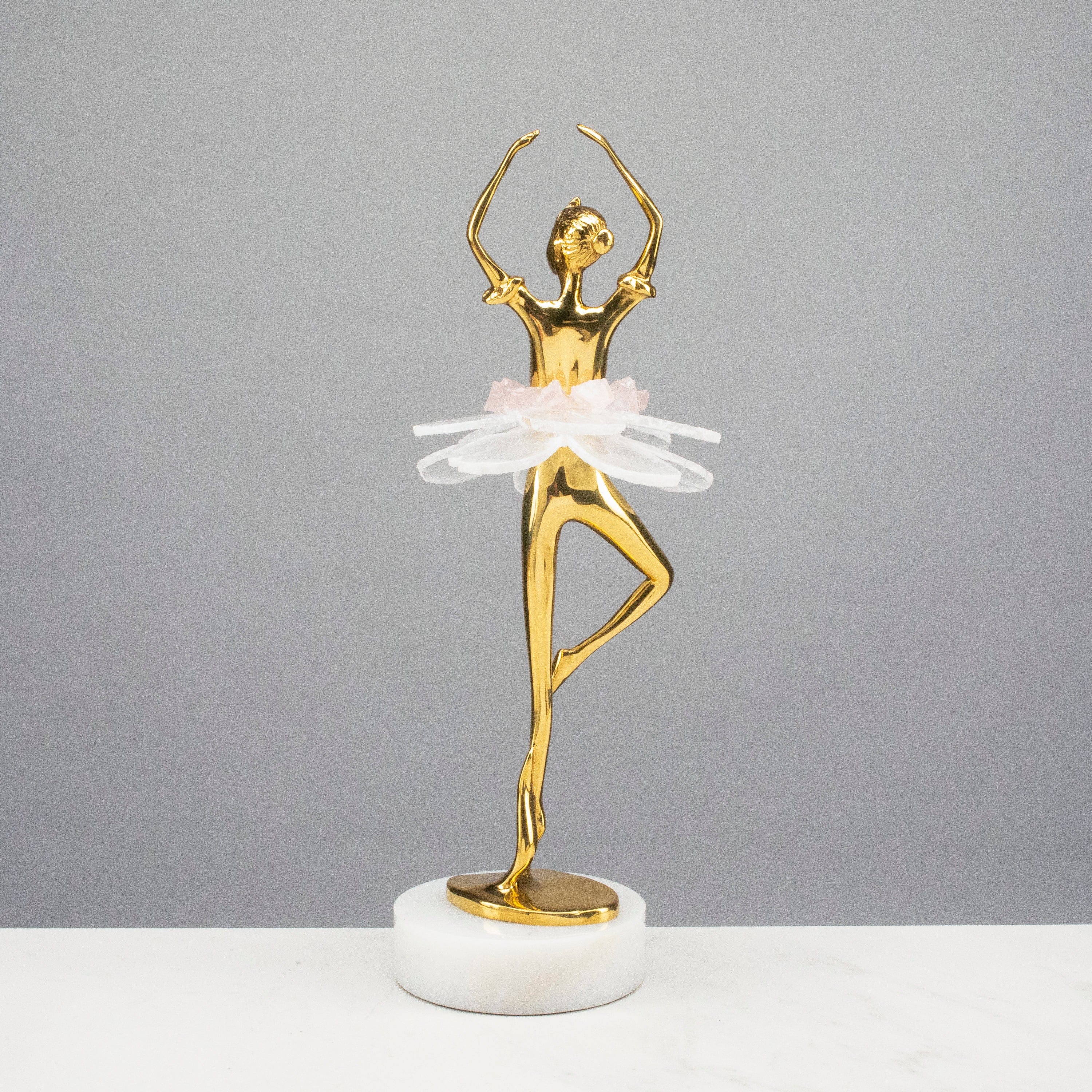 KALIFANO Crystal Home Decor Brass Ballerina with Calcite & Rose Quartz Tutu on Marble Base HG1716C-SL