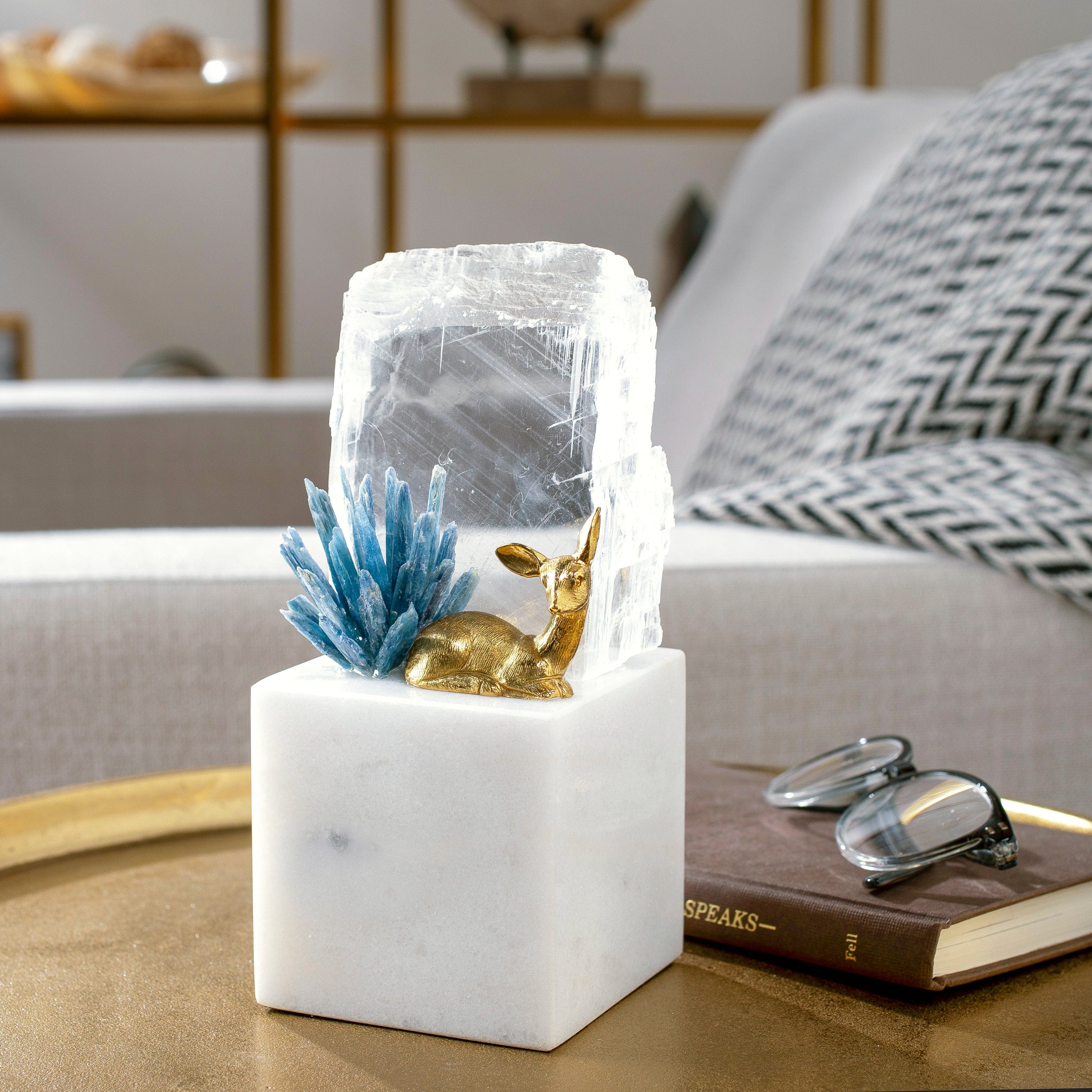 KALIFANO Crystal Home Decor Brass Deer on Marble Base with Calcite and Kyanite HG1493B-MT