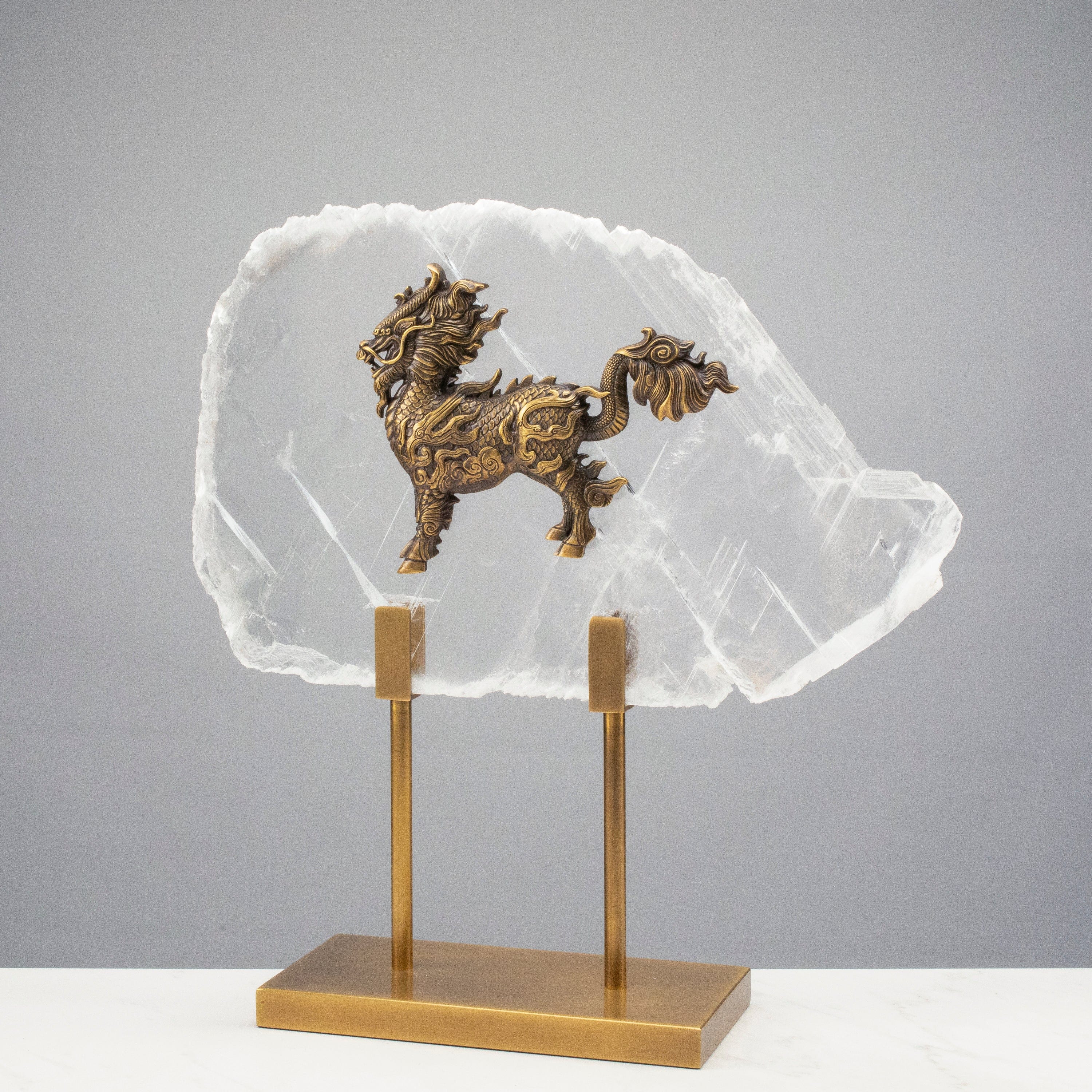 KALIFANO Crystal Home Decor Brass Dragon on Selenite Slice HG1513B-SL