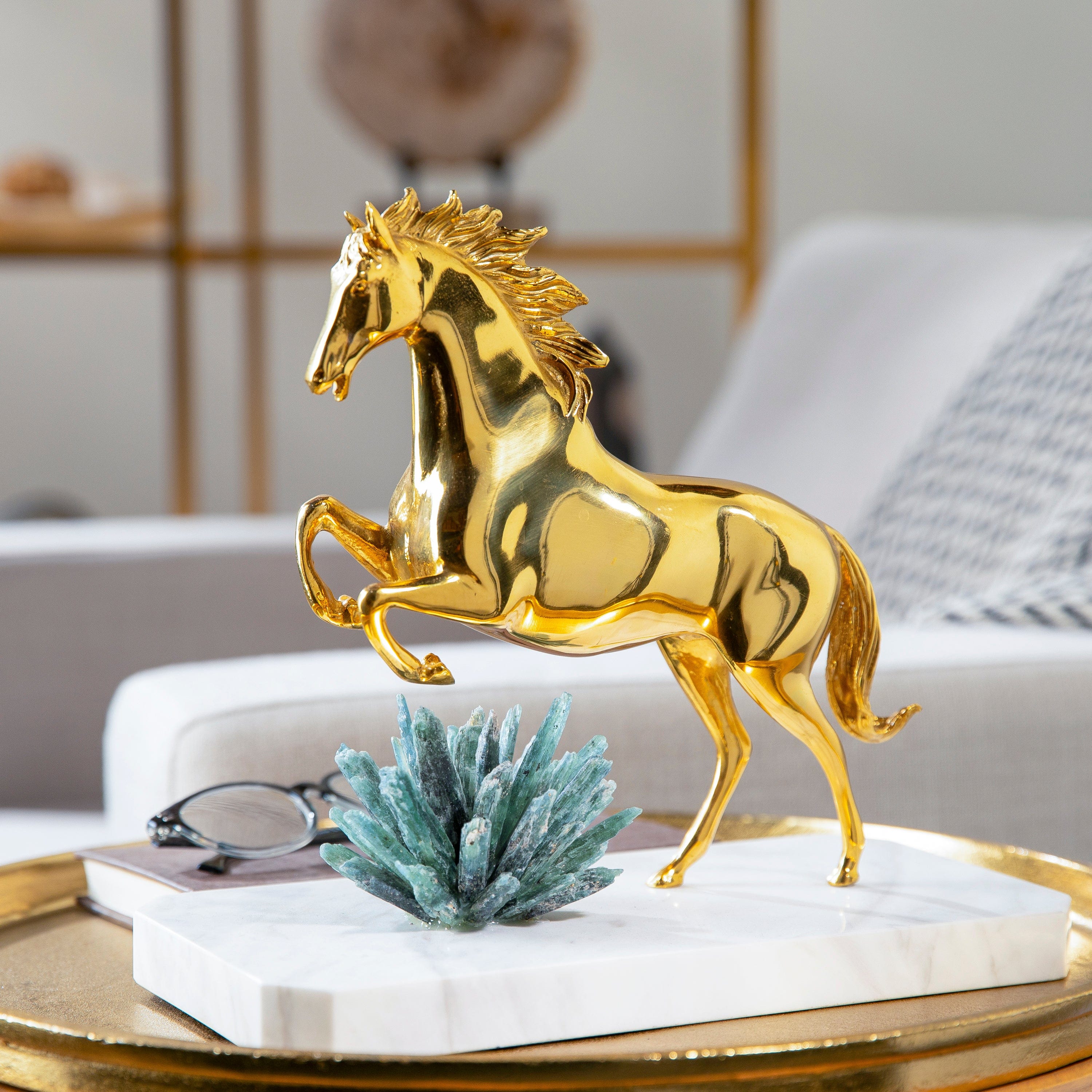 KALIFANO Crystal Home Decor Brass Horse with Kyanite Cluster on Marble Base HG1110-KY