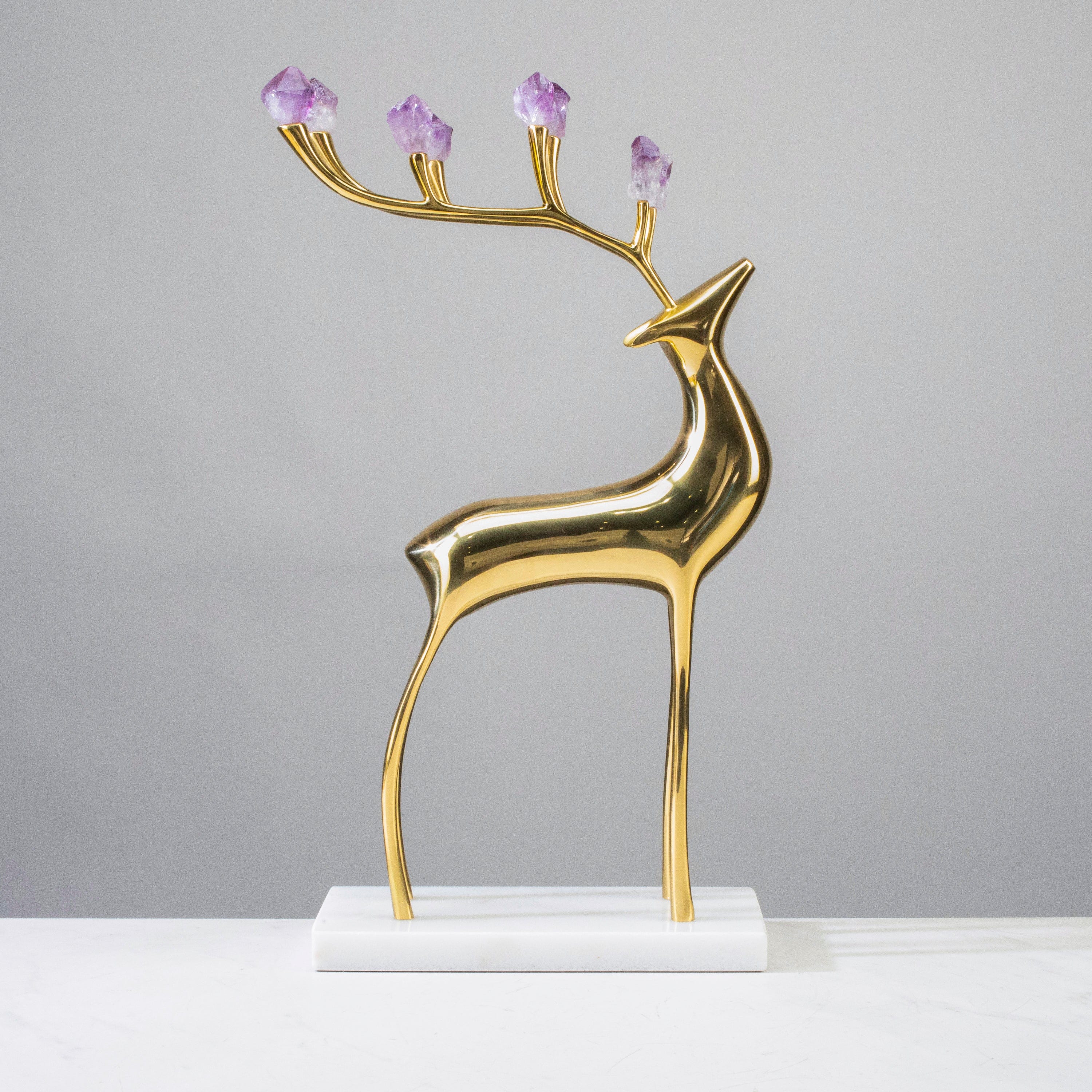 KALIFANO Crystal Home Decor Brass Reindeer with Amethyst Antlers on Marble Base HG1740A-AM