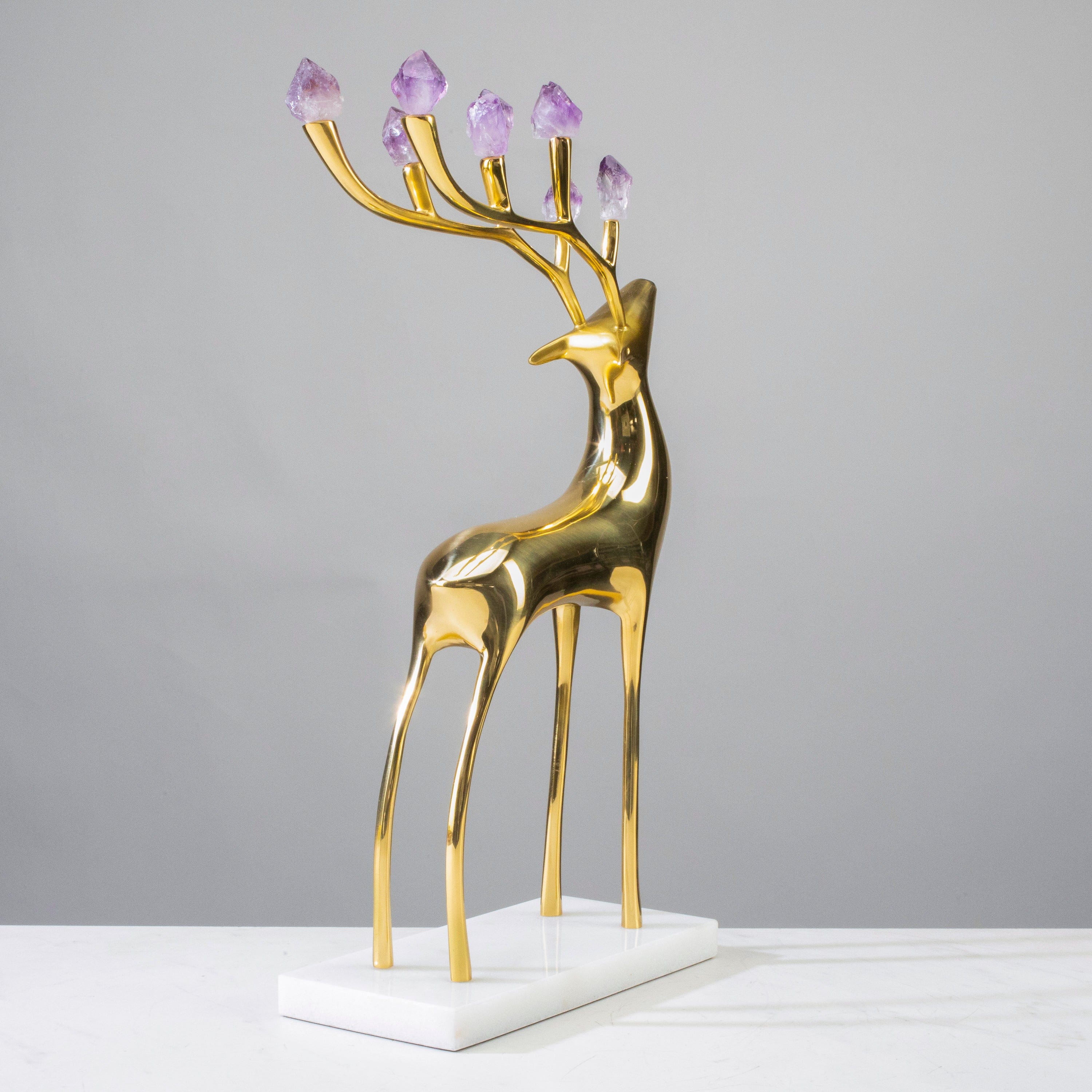 KALIFANO Crystal Home Decor Brass Reindeer with Amethyst Antlers on Marble Base HG1740A-AM