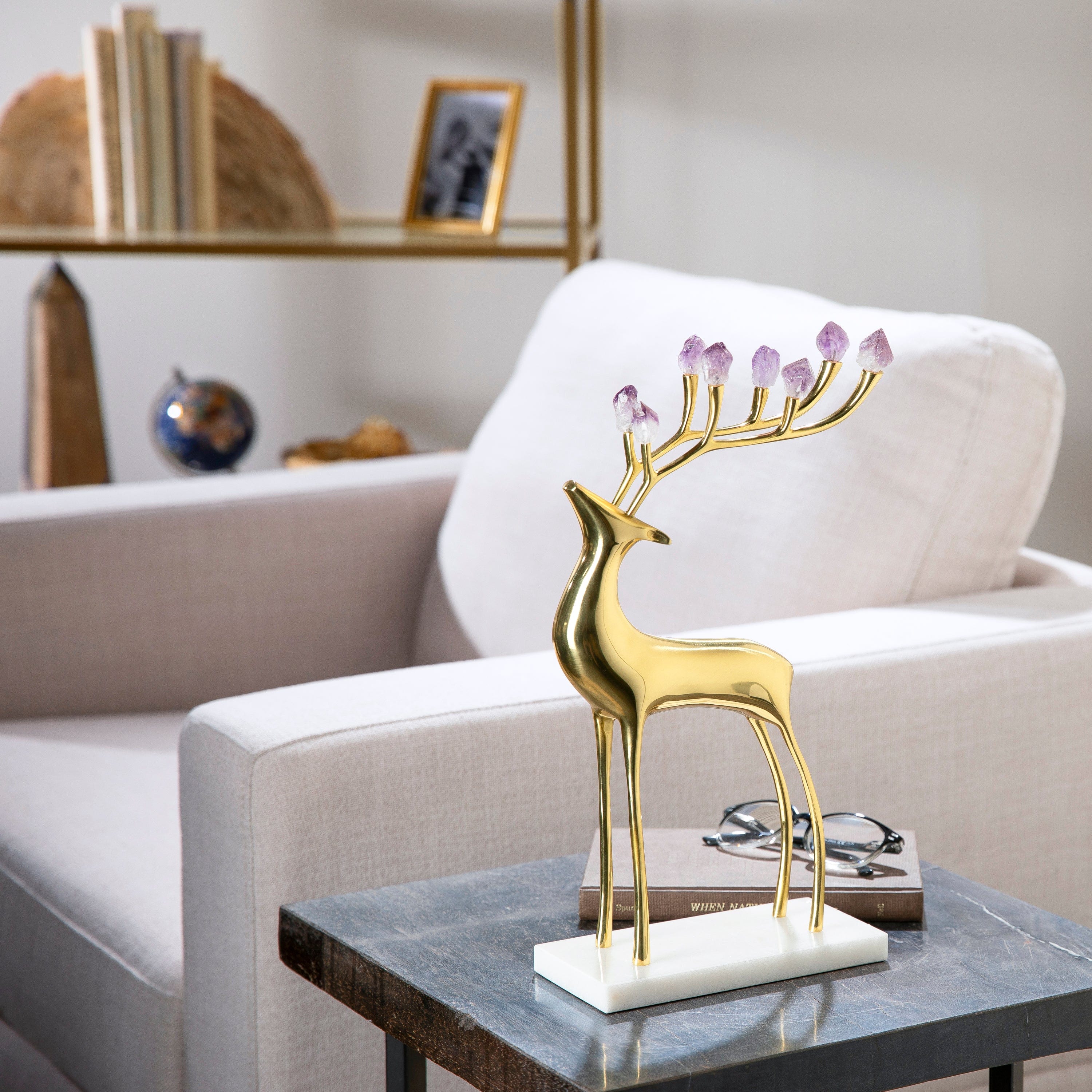 KALIFANO Crystal Home Decor Brass Reindeer with Amethyst Antlers on Marble Base HG1740A-AM