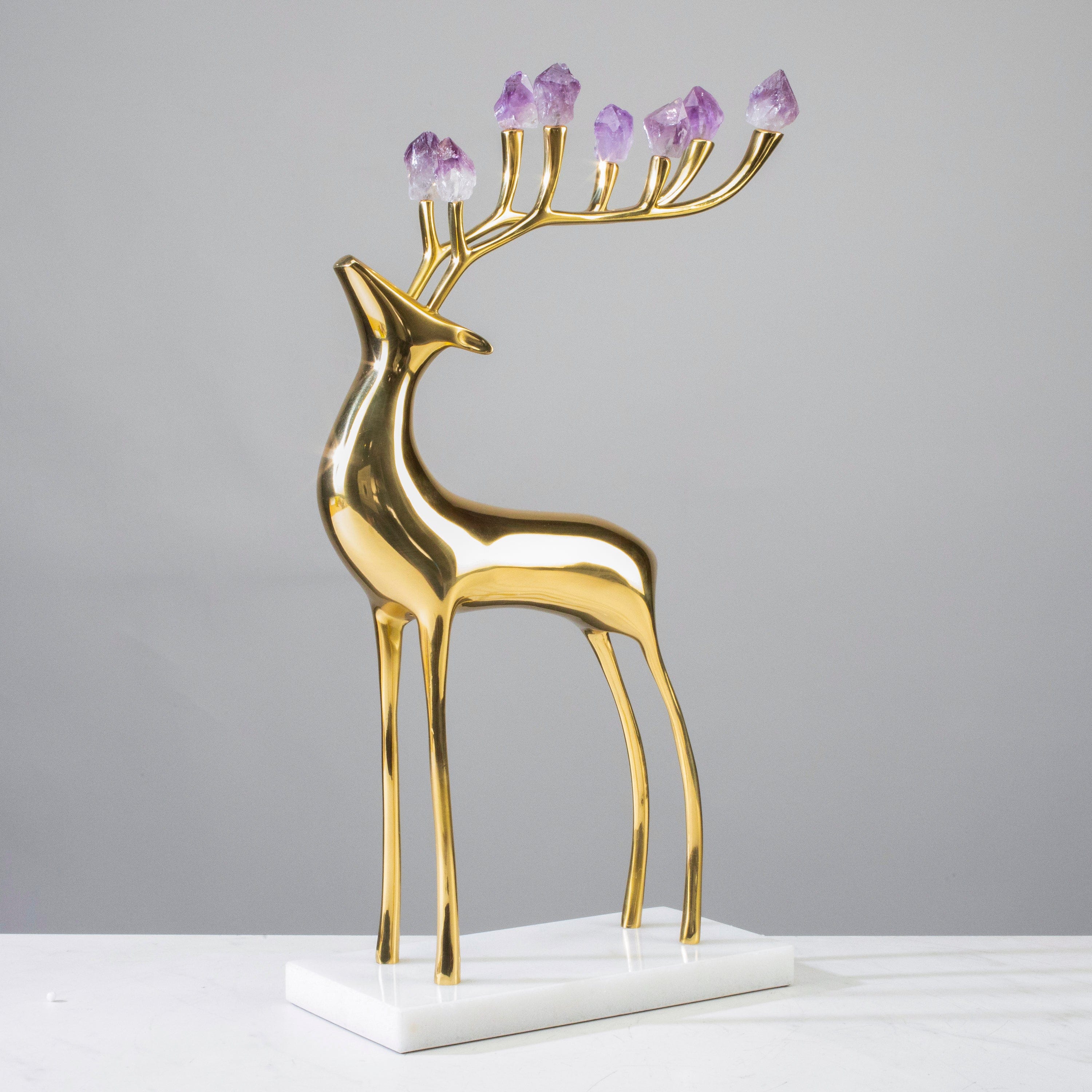 KALIFANO Crystal Home Decor Brass Reindeer with Amethyst Antlers on Marble Base HG1740A-AM