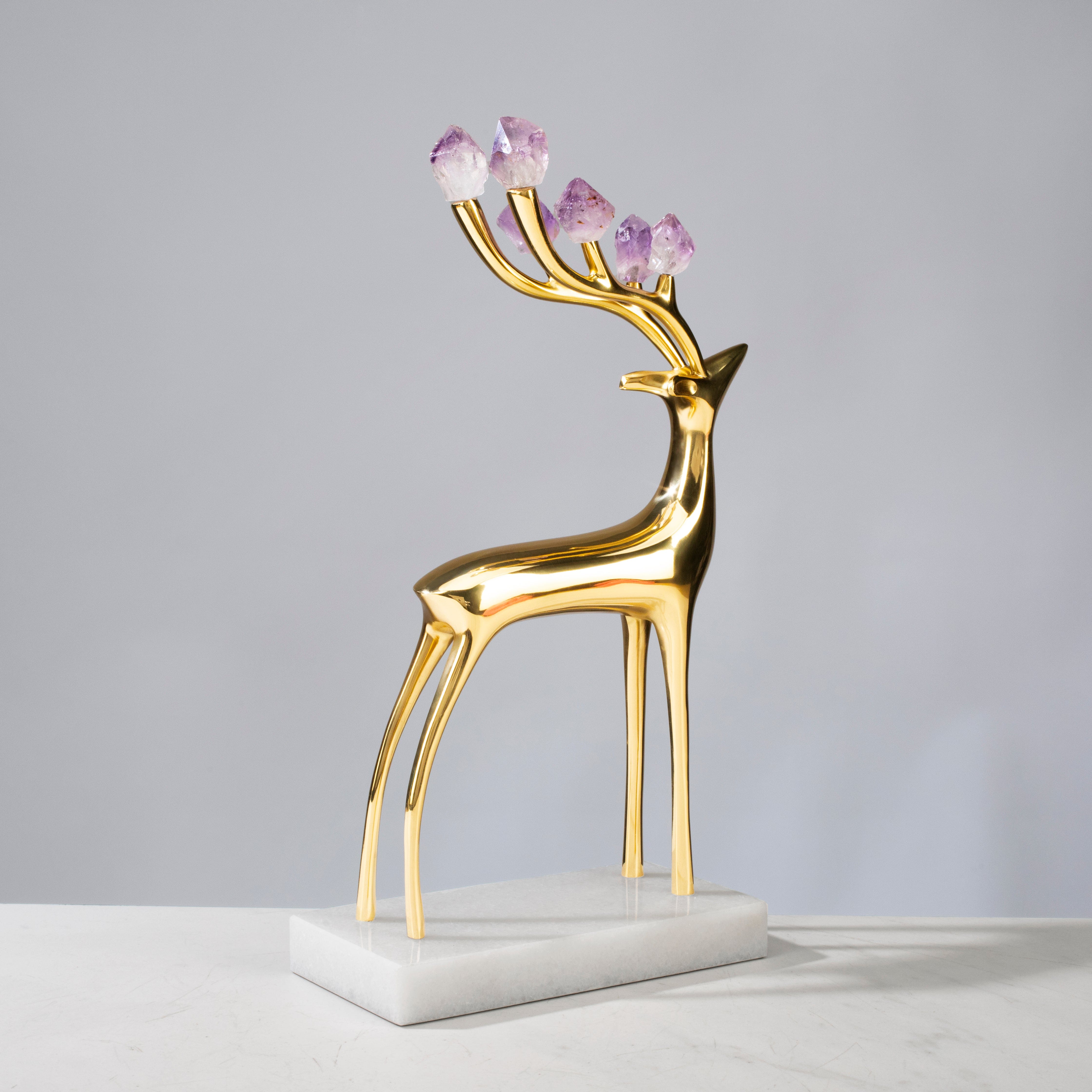 KALIFANO Crystal Home Decor Brass Reindeer with Amethyst Antlers on Marble Base HG1740B-AM