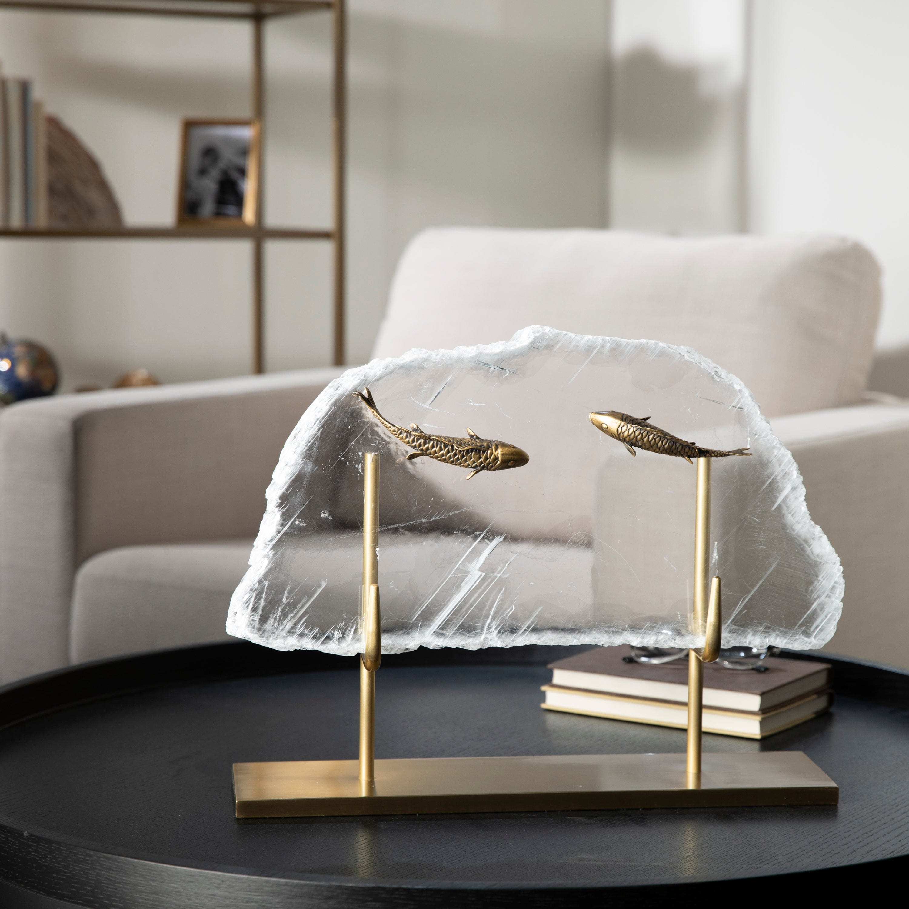 KALIFANO Crystal Home Decor Fish on Selenite Slice with Brass Stand HG1770-SL