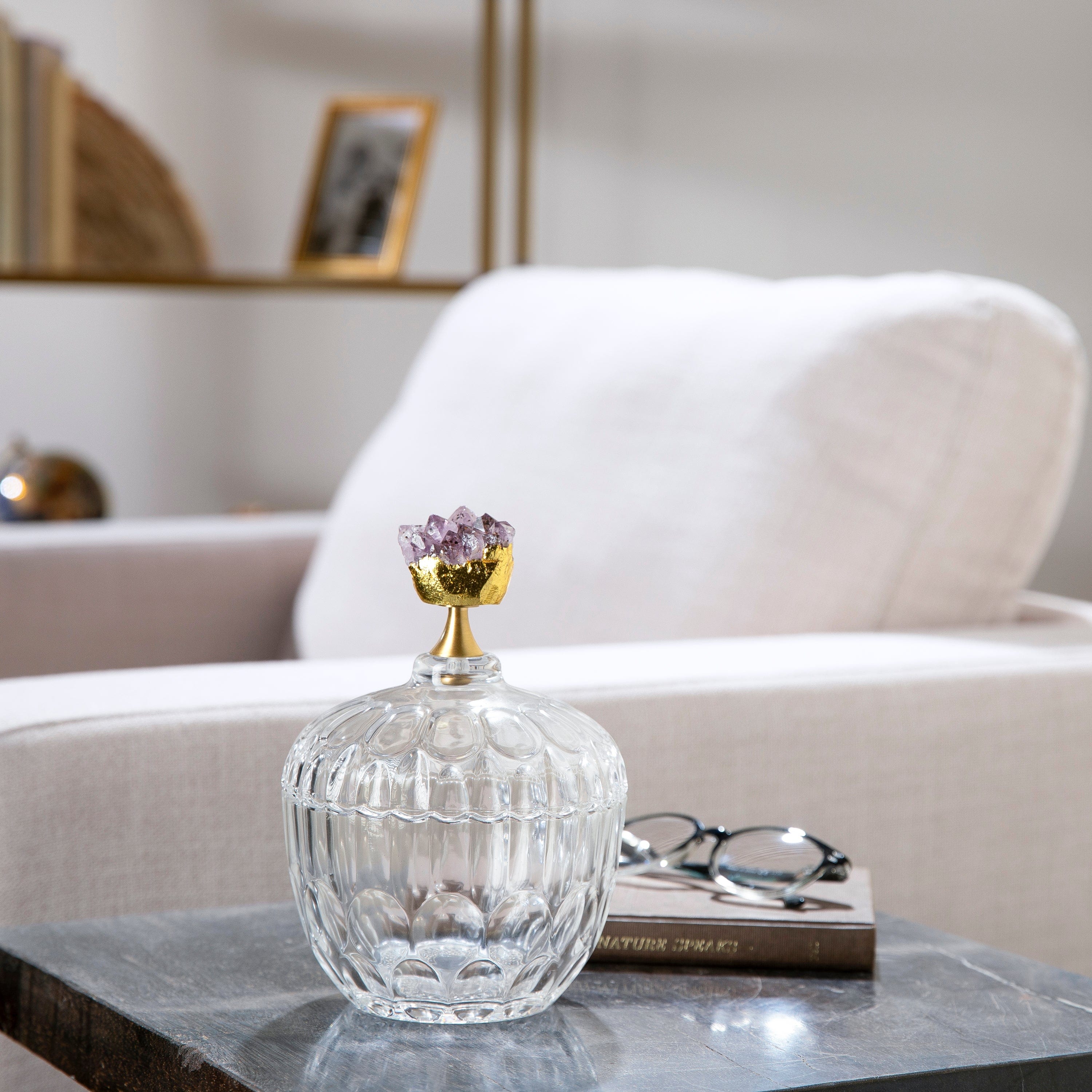 KALIFANO Crystal Home Decor Glass Jar with Amethyst Cluster HG1722A-AM