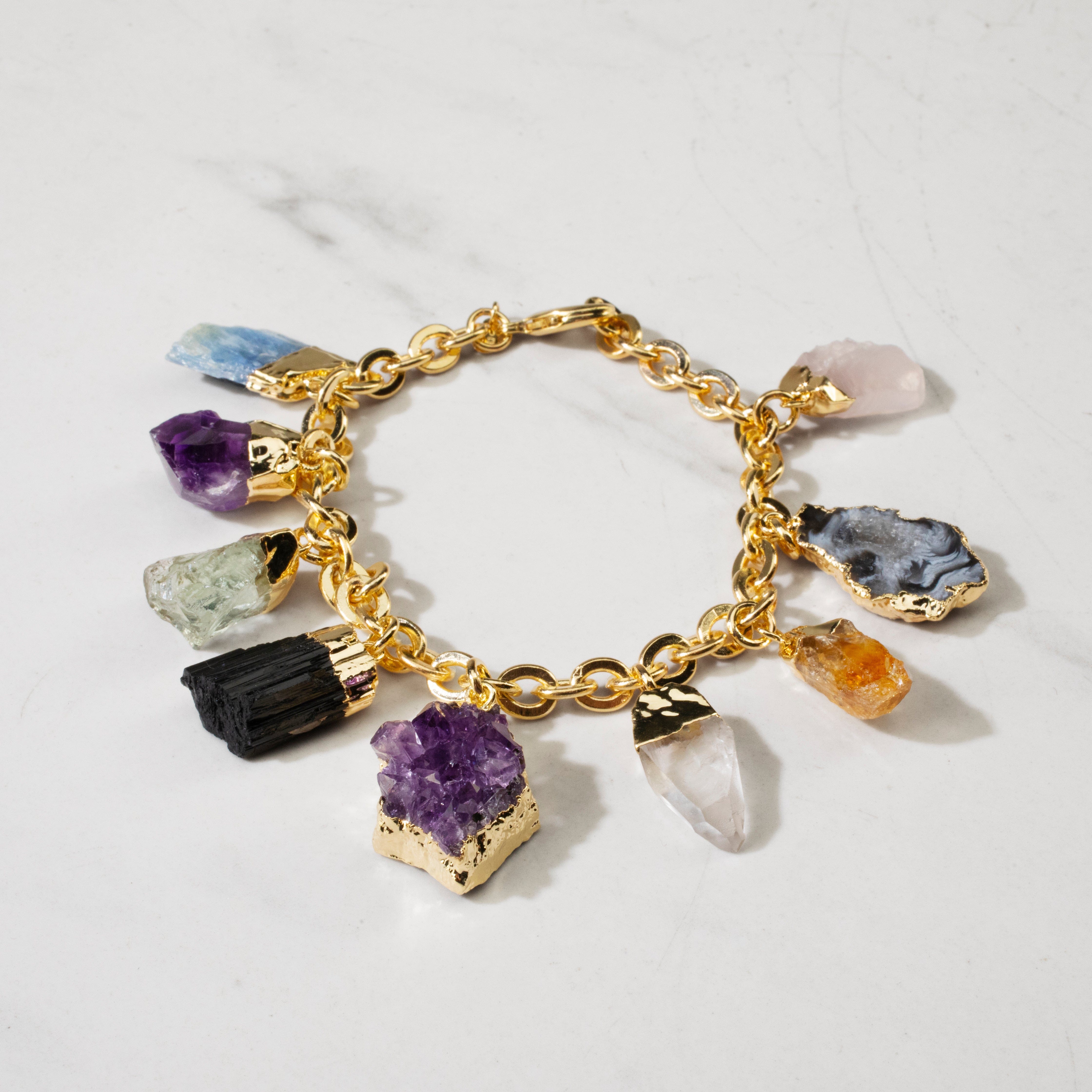 Kalifano Crystal Jewelry 9 Stone Gold Tone Multi-Gem Charm Bracelet CJB-1023-MT
