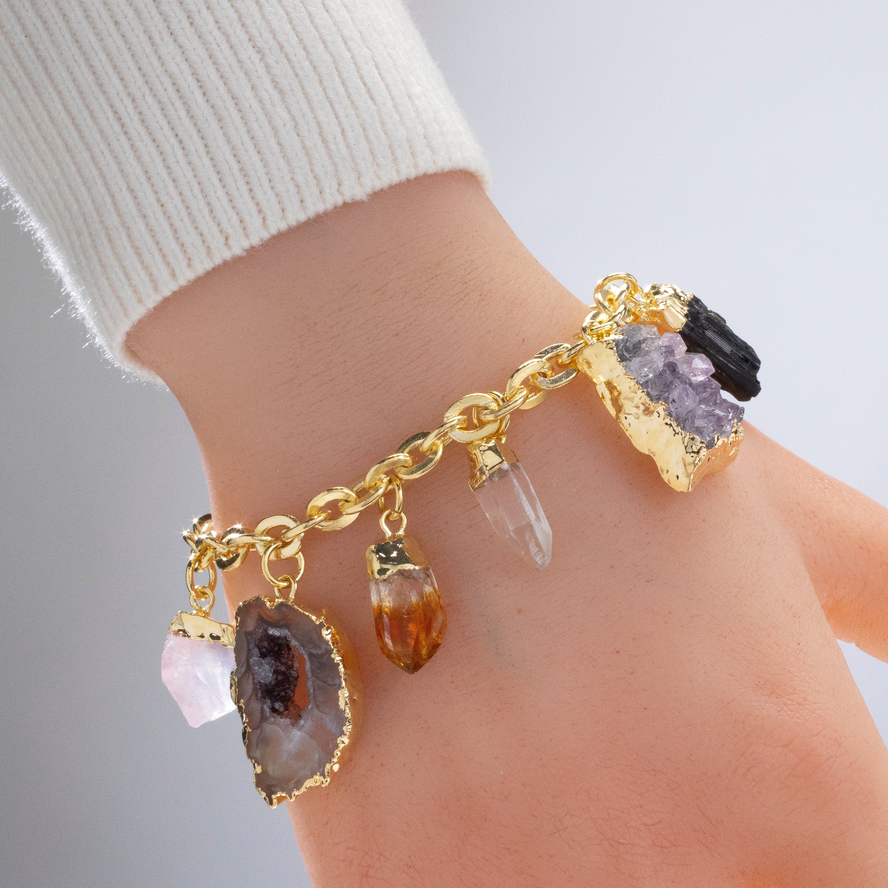 Kalifano Crystal Jewelry 9 Stone Gold Tone Multi-Gem Charm Bracelet CJB-1023-MT