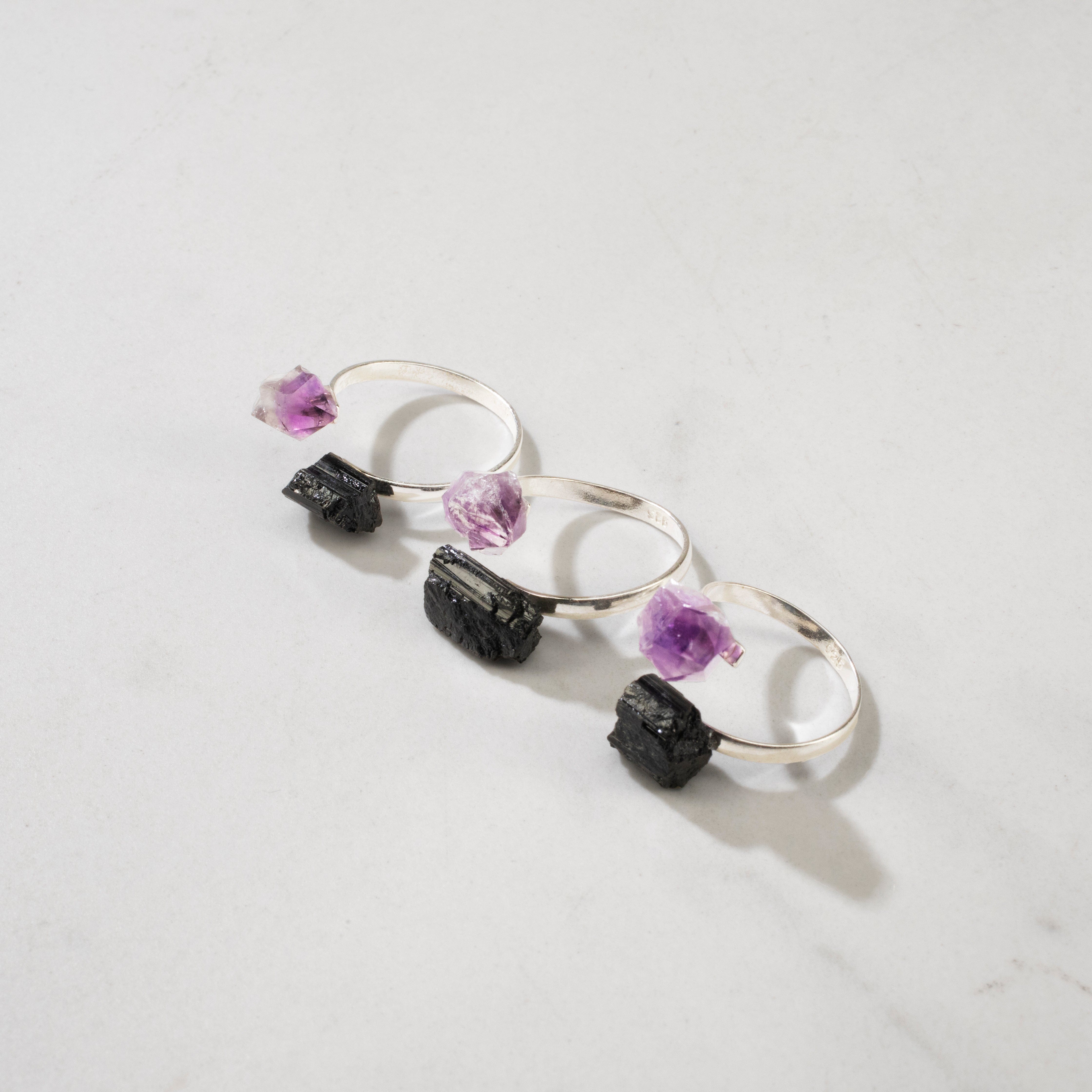KALIFANO Crystal Jewelry Amethyst & Black Tourmaline Adjustable Sterling Silver Ring CJR-SS-AM+BT