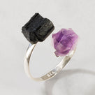Amethyst & Black Tourmaline Adjustable Sterling Silver Ring