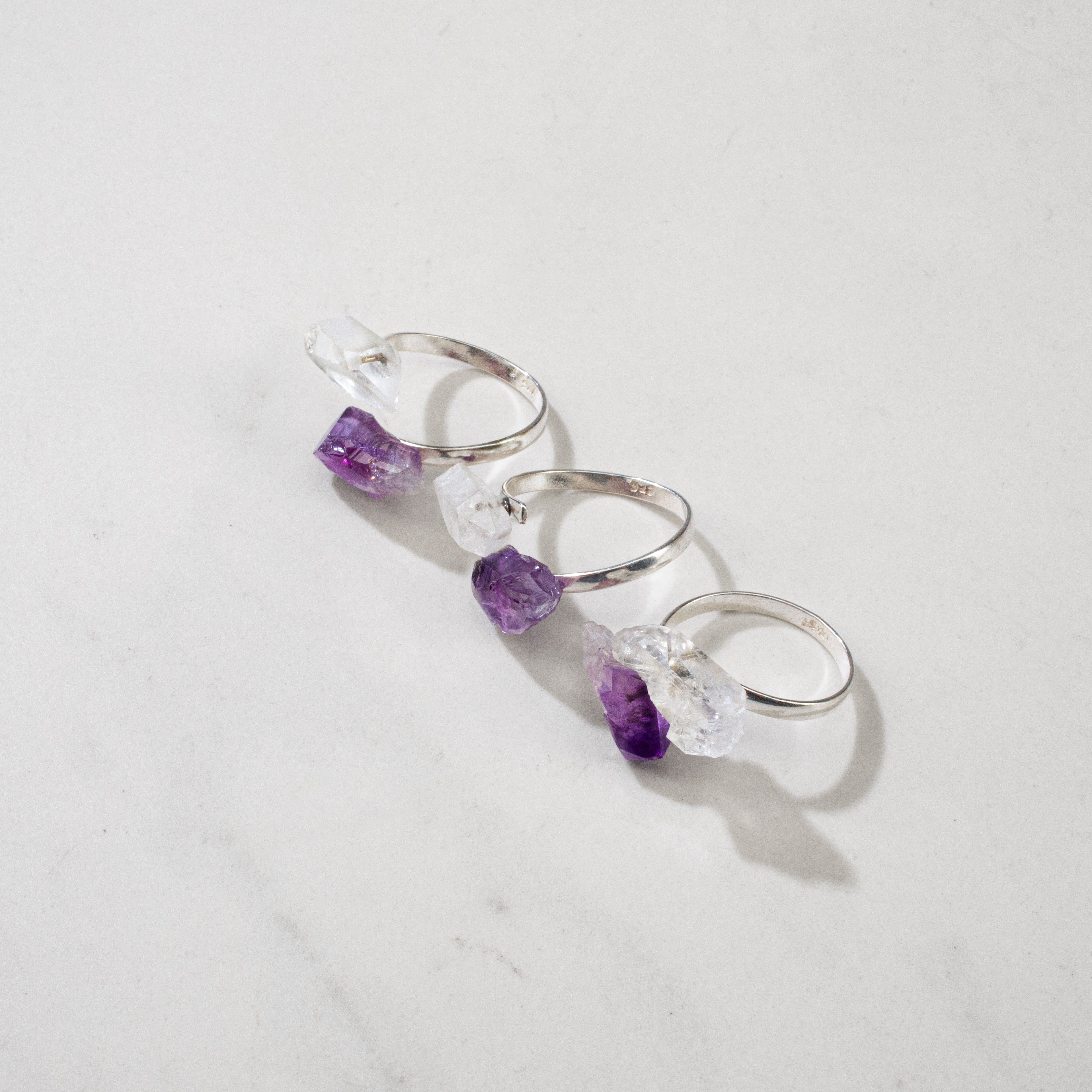 KALIFANO Crystal Jewelry Amethyst & Quartz Adjustable Sterling Silver Ring CJR-SS-AM+QZ