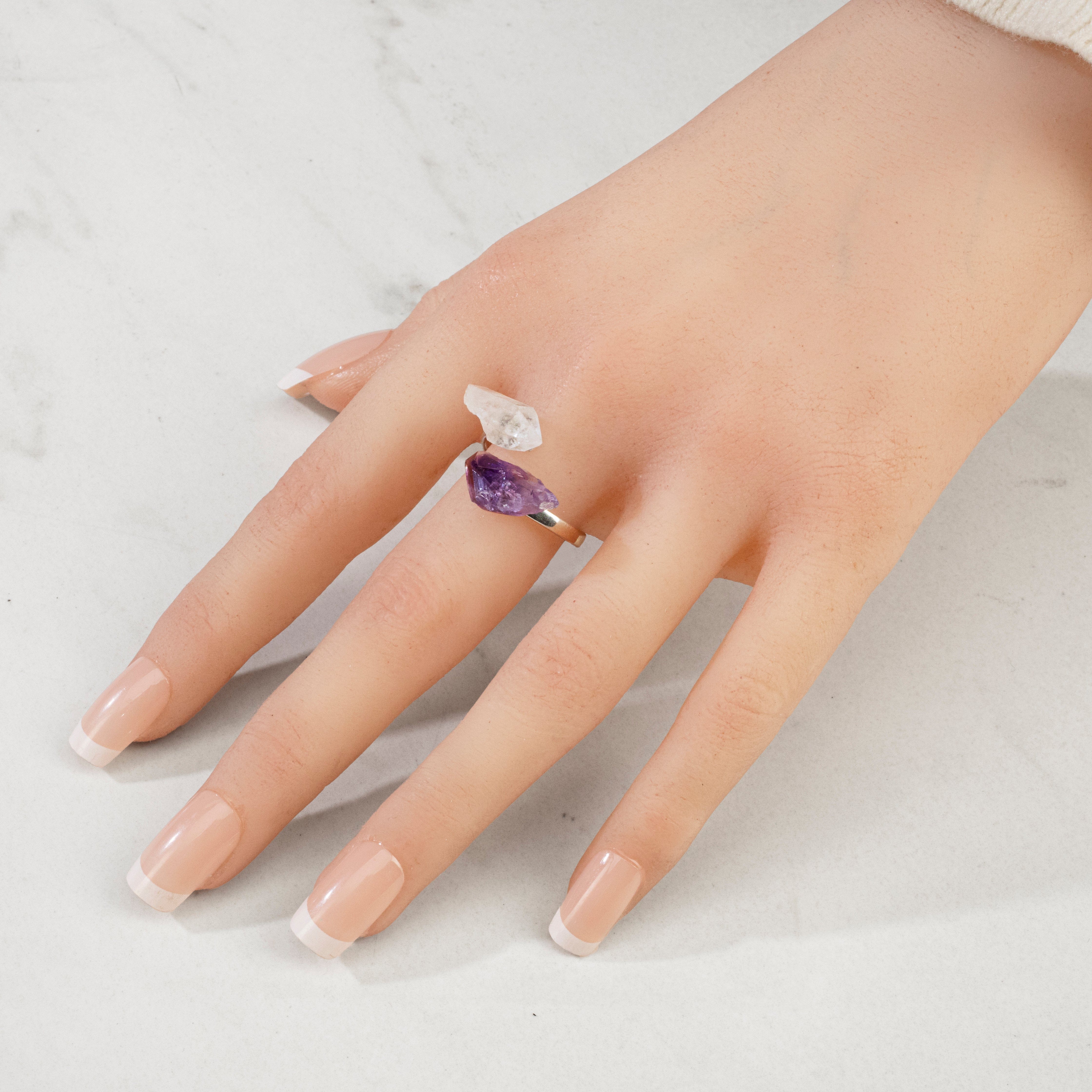 KALIFANO Crystal Jewelry Amethyst & Quartz Adjustable Sterling Silver Ring CJR-SS-AM+QZ