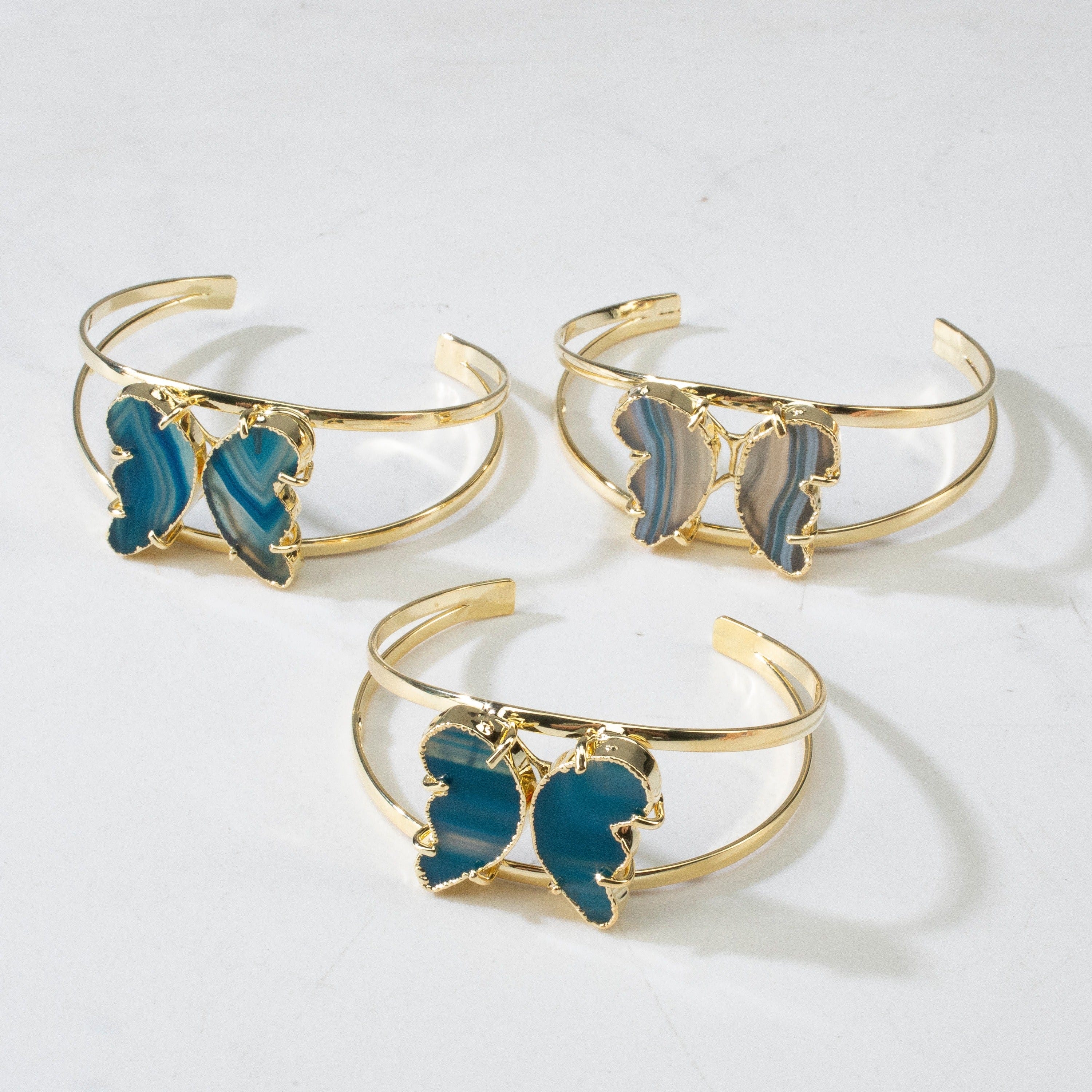 Kalifano Crystal Jewelry Blue Agate Butterfly Cuff Bracelet CJB-S-BTAG-BE