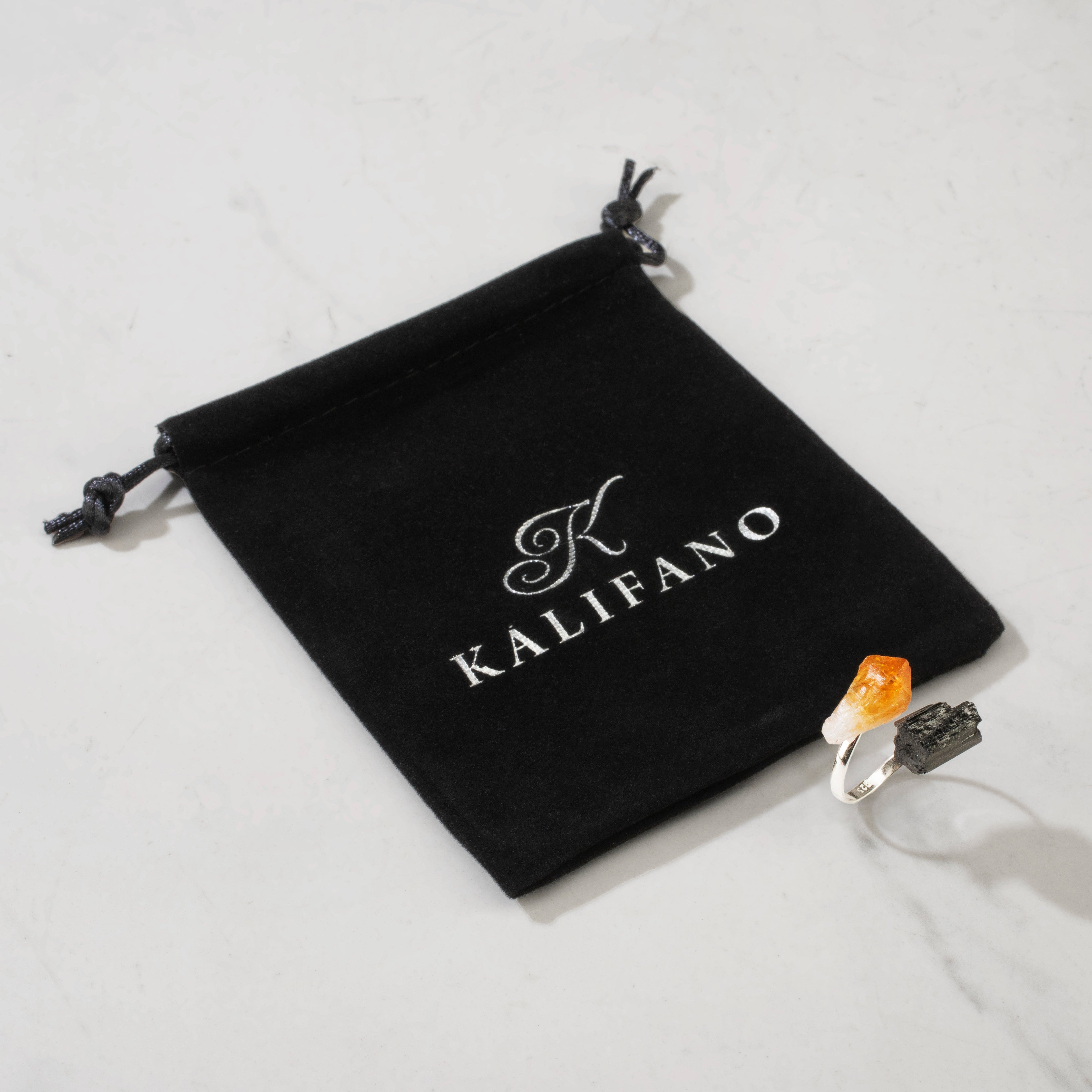 KALIFANO Crystal Jewelry Citrine & Black Tourmaline Adjustable Sterling Silver Ring CJR-SS-CT+BT