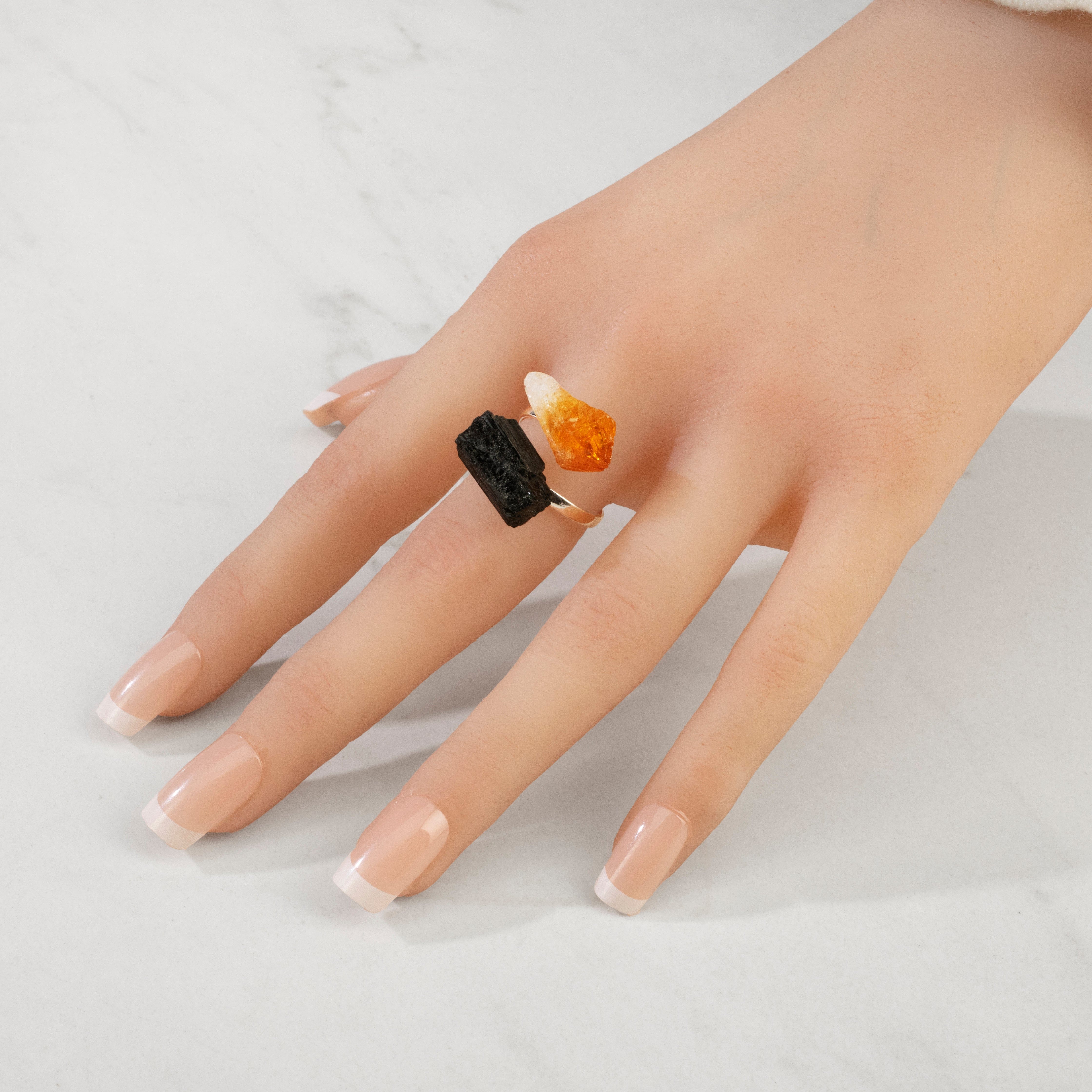 KALIFANO Crystal Jewelry Citrine & Black Tourmaline Adjustable Sterling Silver Ring CJR-SS-CT+BT