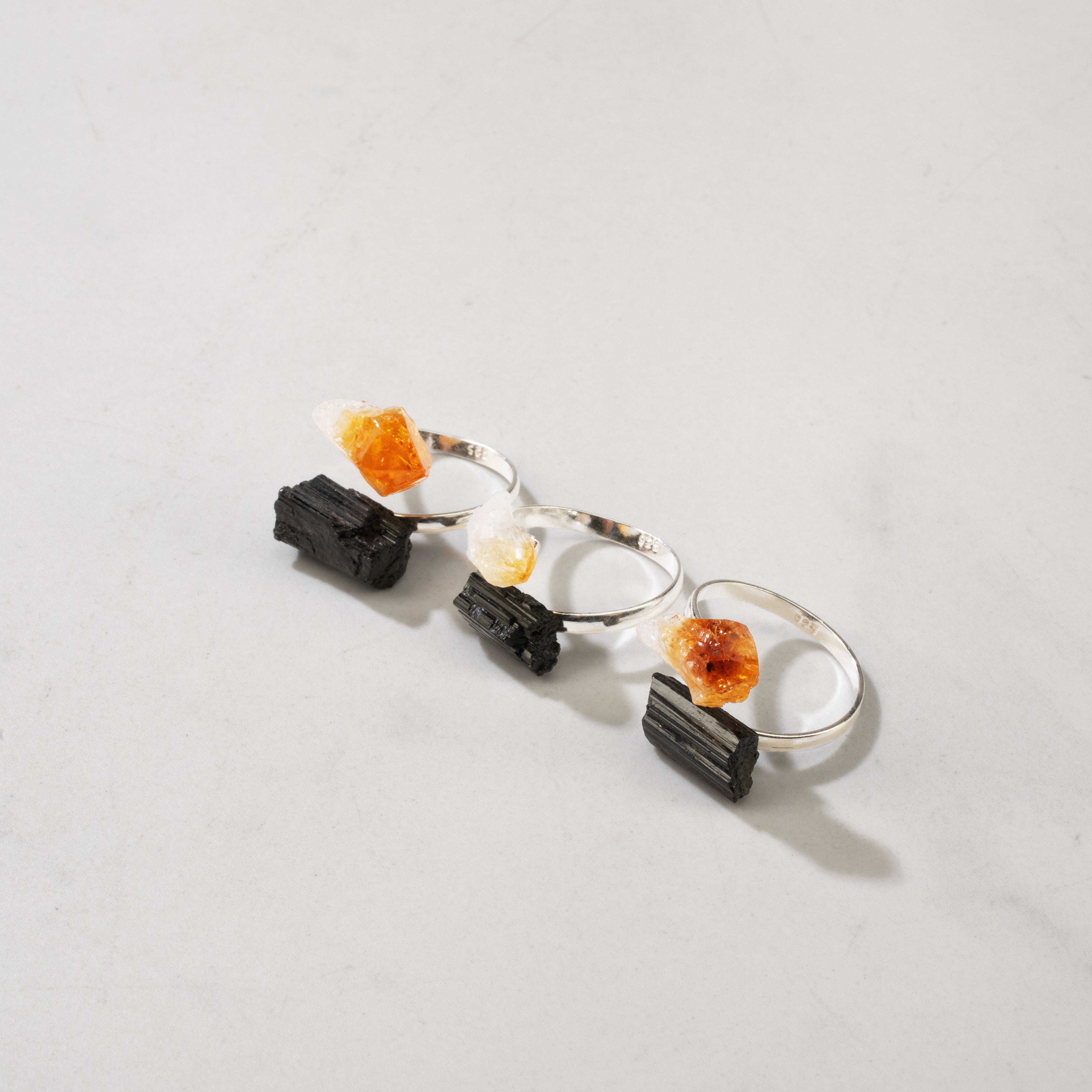 KALIFANO Crystal Jewelry Citrine & Black Tourmaline Adjustable Sterling Silver Ring CJR-SS-CT+BT