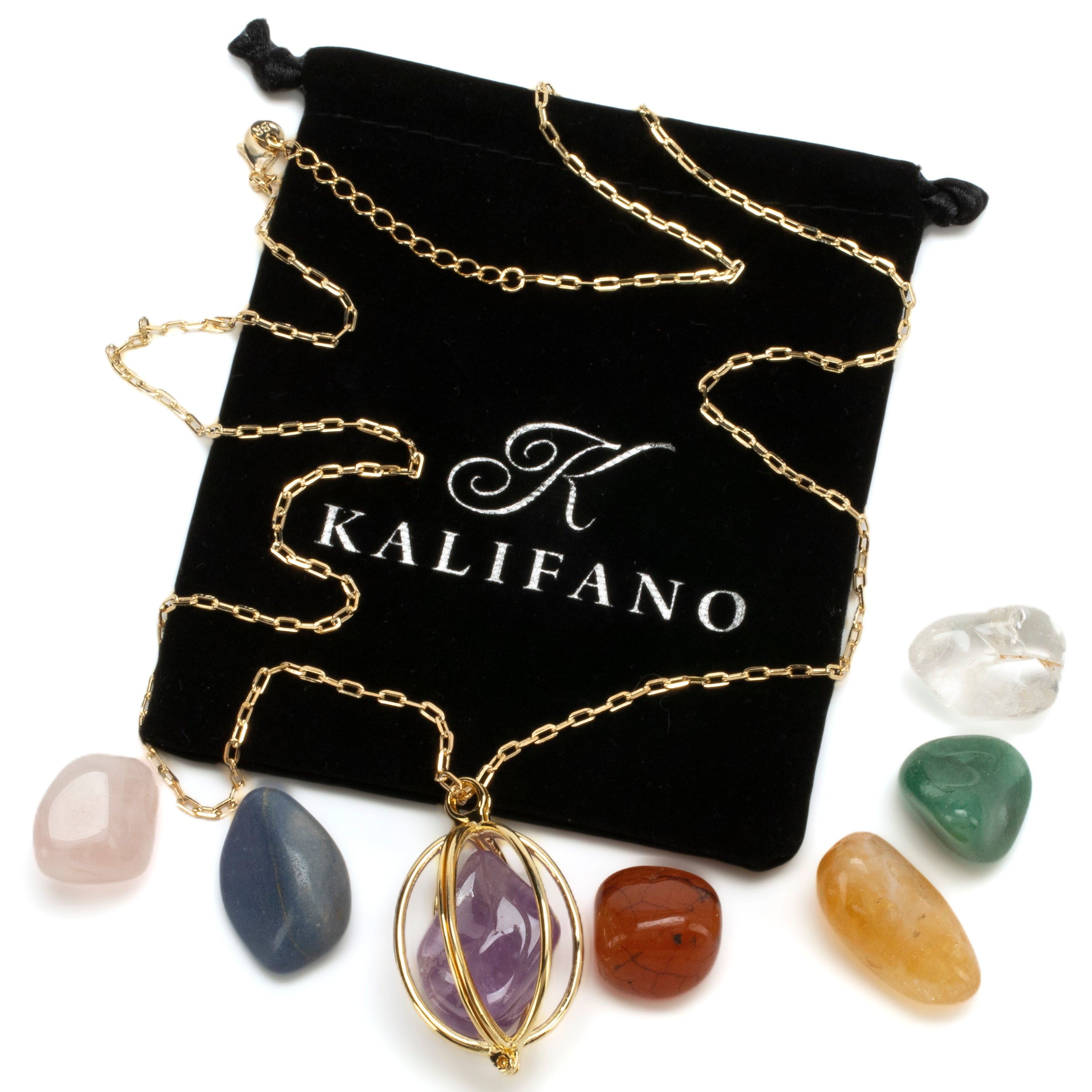 Kalifano Crystal Jewelry Gold Toned Convertible Chakra Pendant with Replaceable Tumbled Stones CJN-2057G-MT