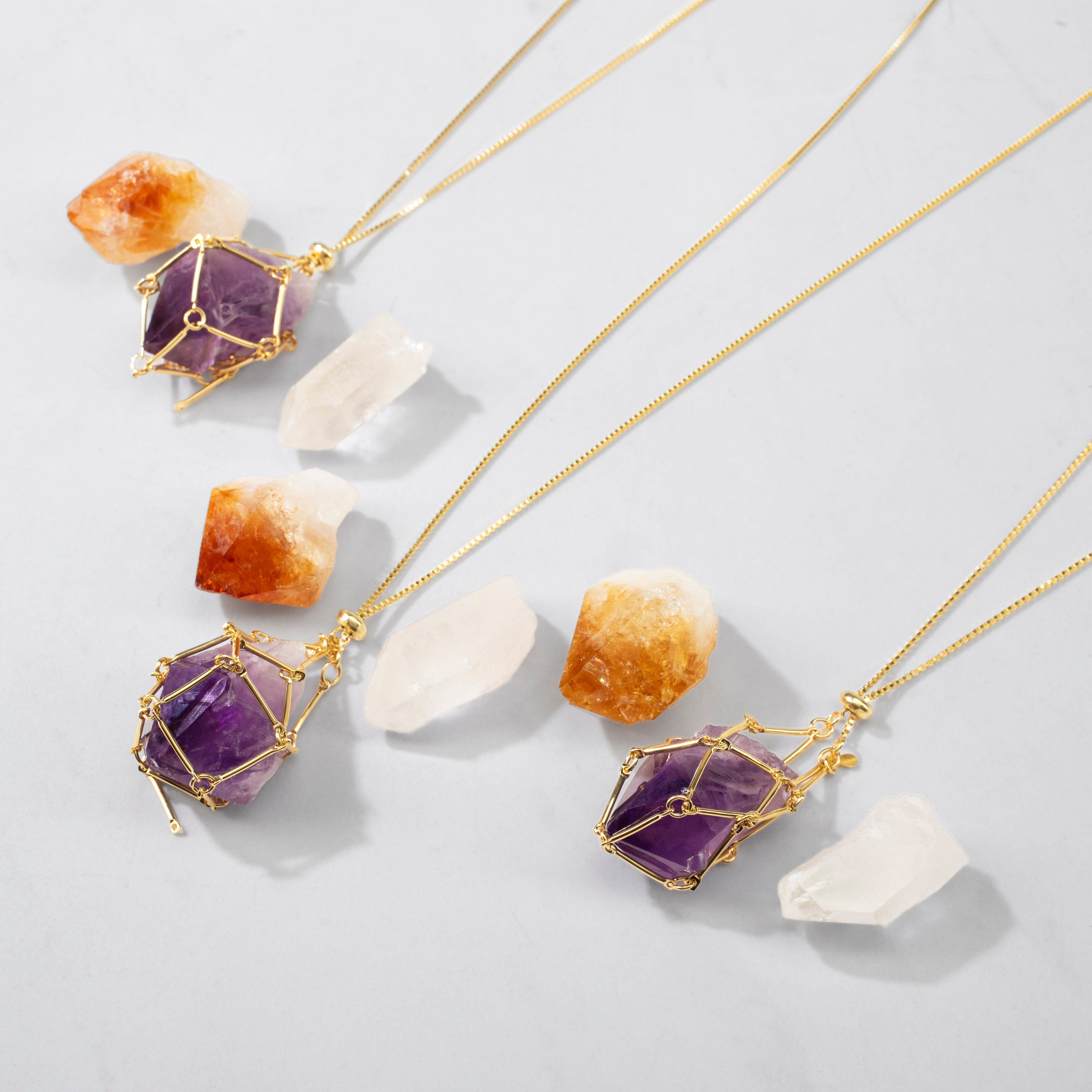 KALIFANO Crystal Jewelry Interchangeable Citrine, Amethyst & Quartz Basket Necklace CJN.CBN