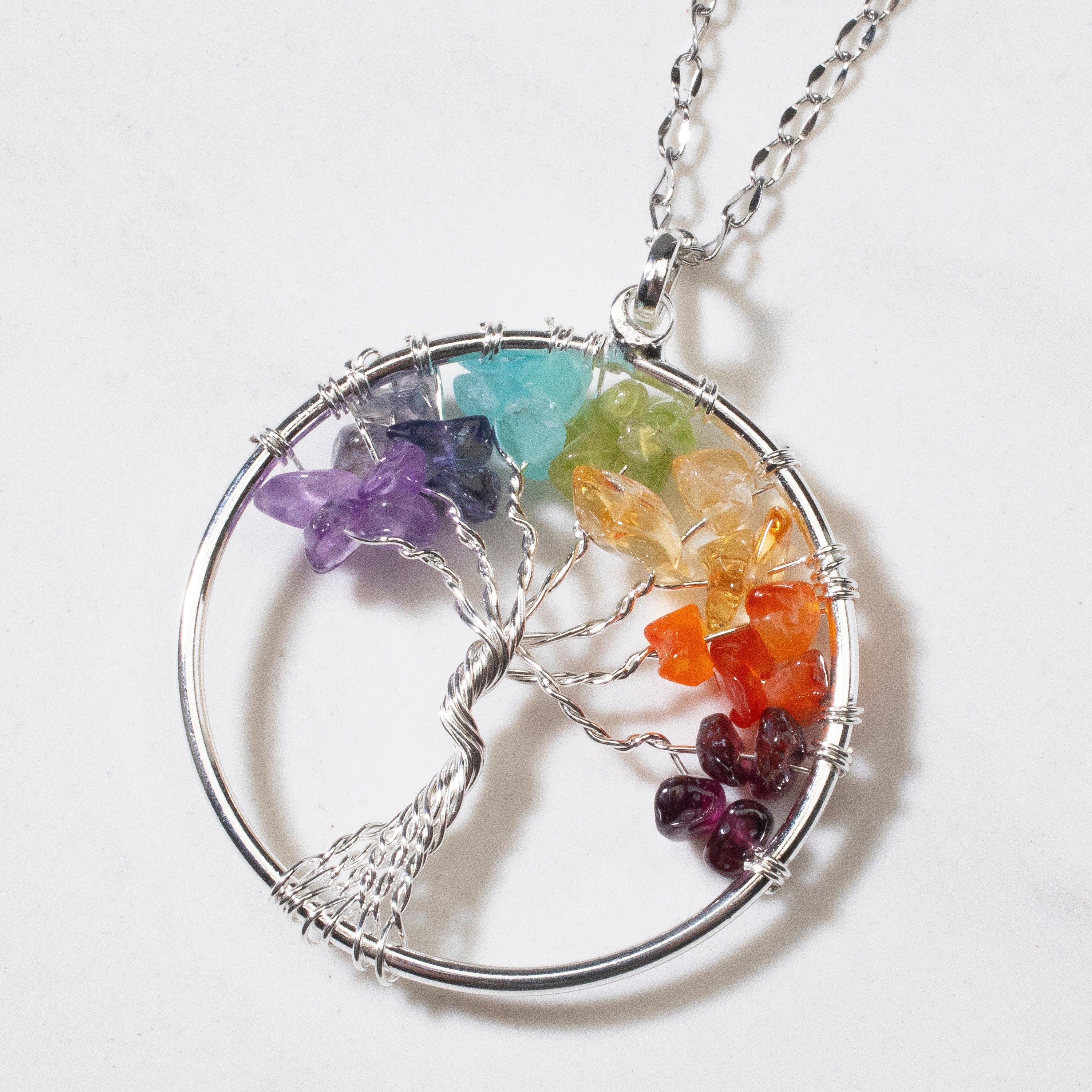 Natural Chakra Healing Crystal Necklace Tree of Life Crescent Moon Stone  Pendant