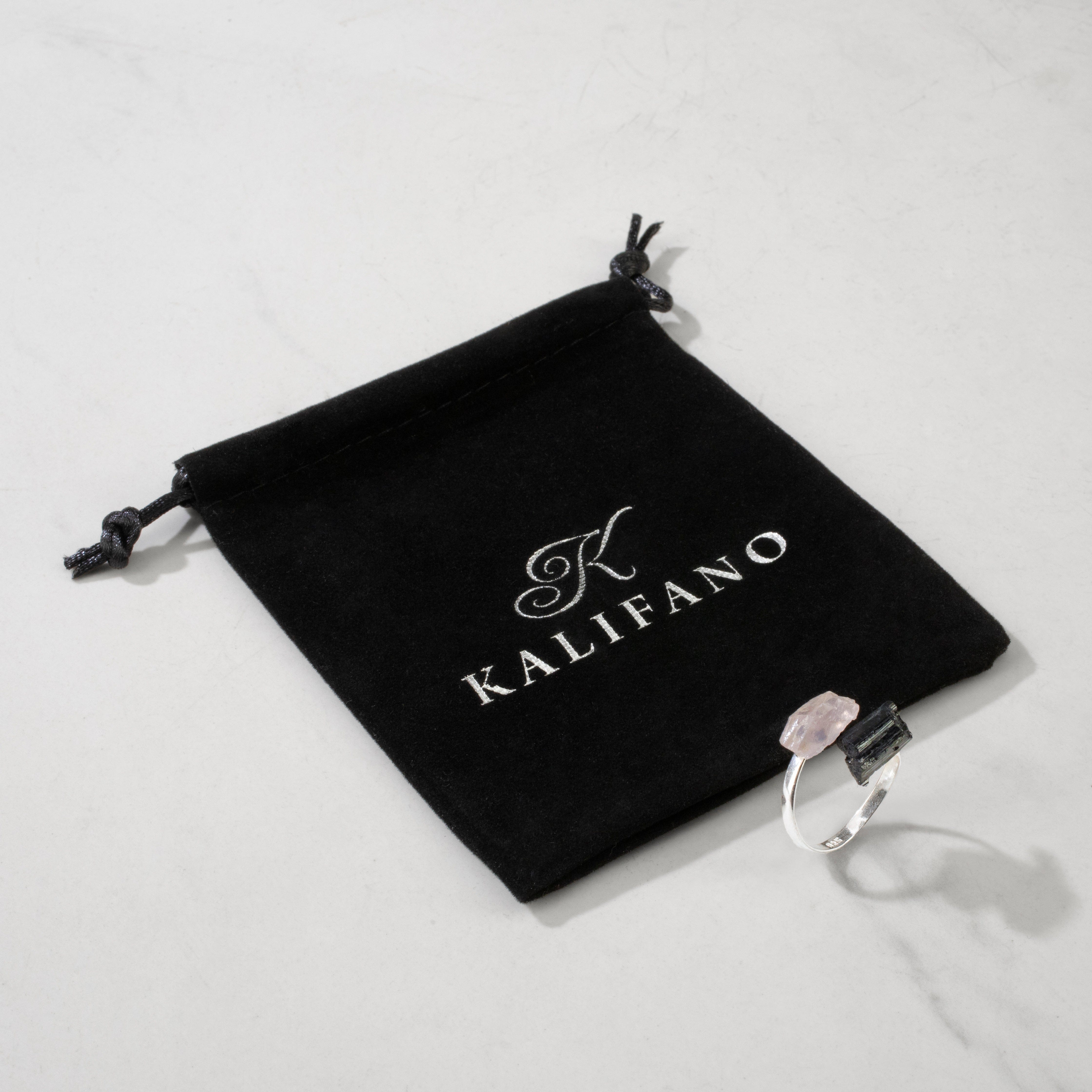 KALIFANO Crystal Jewelry Quartz & Black Tourmaline Adjustable Sterling Silver Ring CJR-SS-QZ+BT