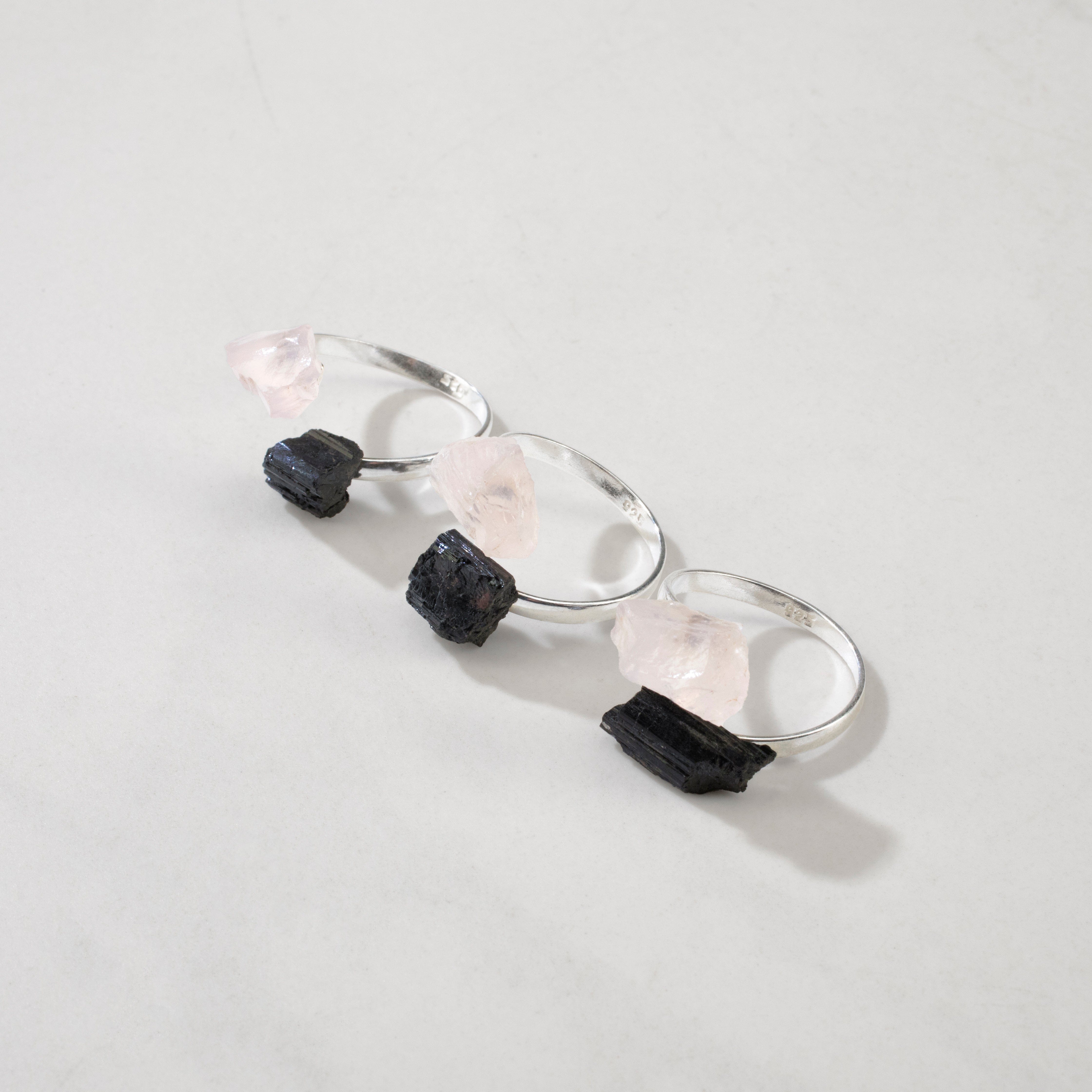 KALIFANO Crystal Jewelry Quartz & Black Tourmaline Adjustable Sterling Silver Ring CJR-SS-QZ+BT