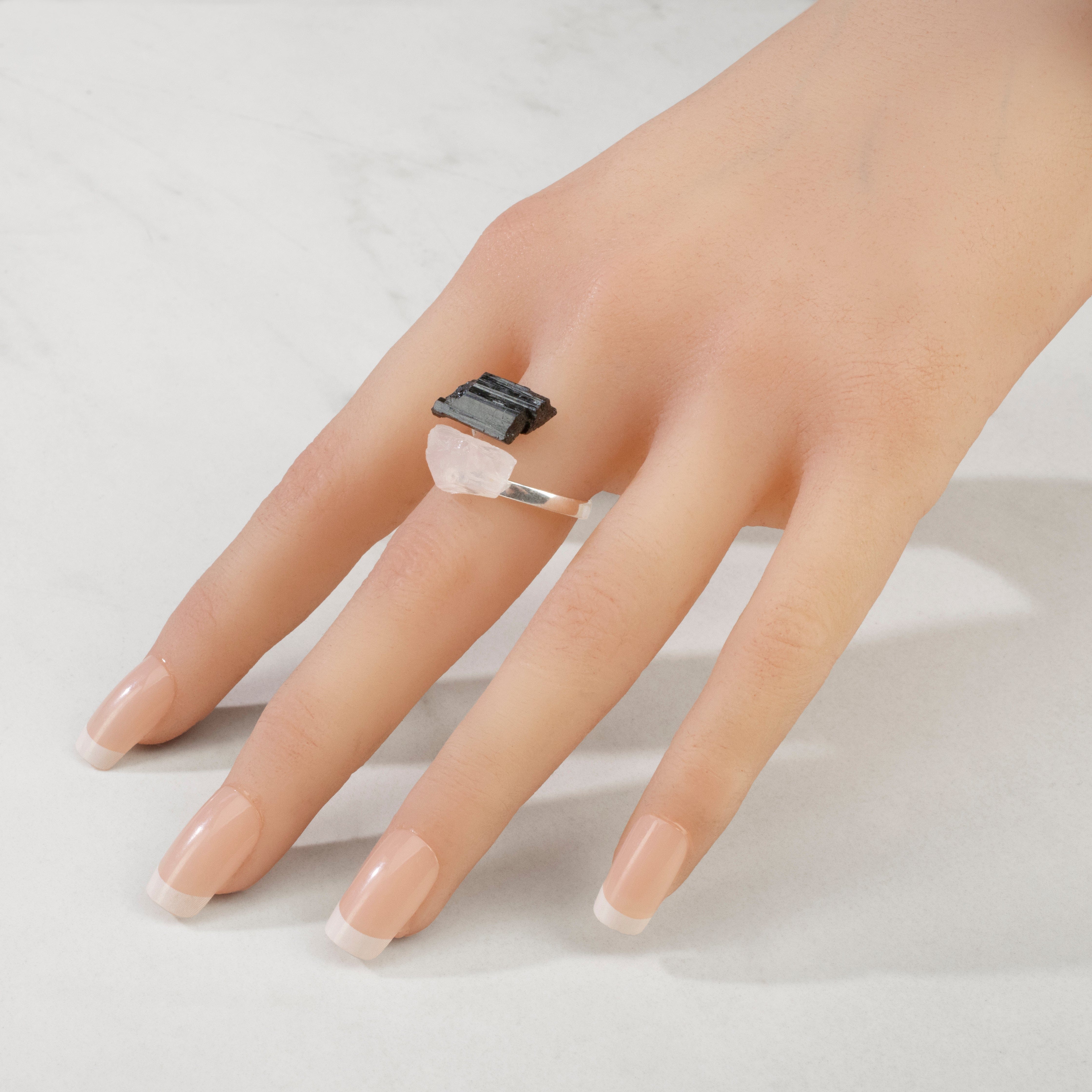KALIFANO Crystal Jewelry Quartz & Black Tourmaline Adjustable Sterling Silver Ring CJR-SS-QZ+BT