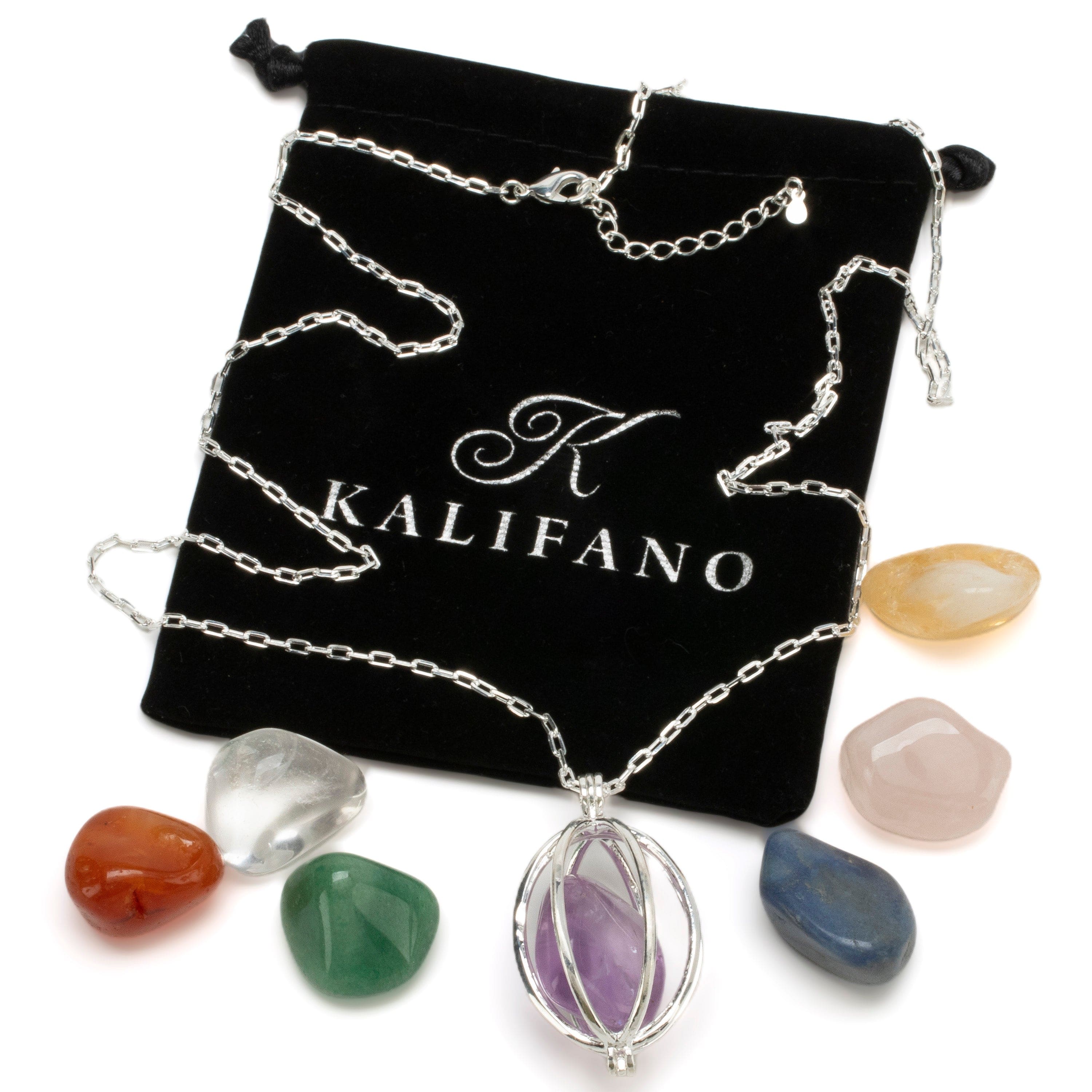 Kalifano Crystal Jewelry Silver Toned Convertible Chakra Pendant with Replaceable Tumbled Stones CJN-2057S-MT
