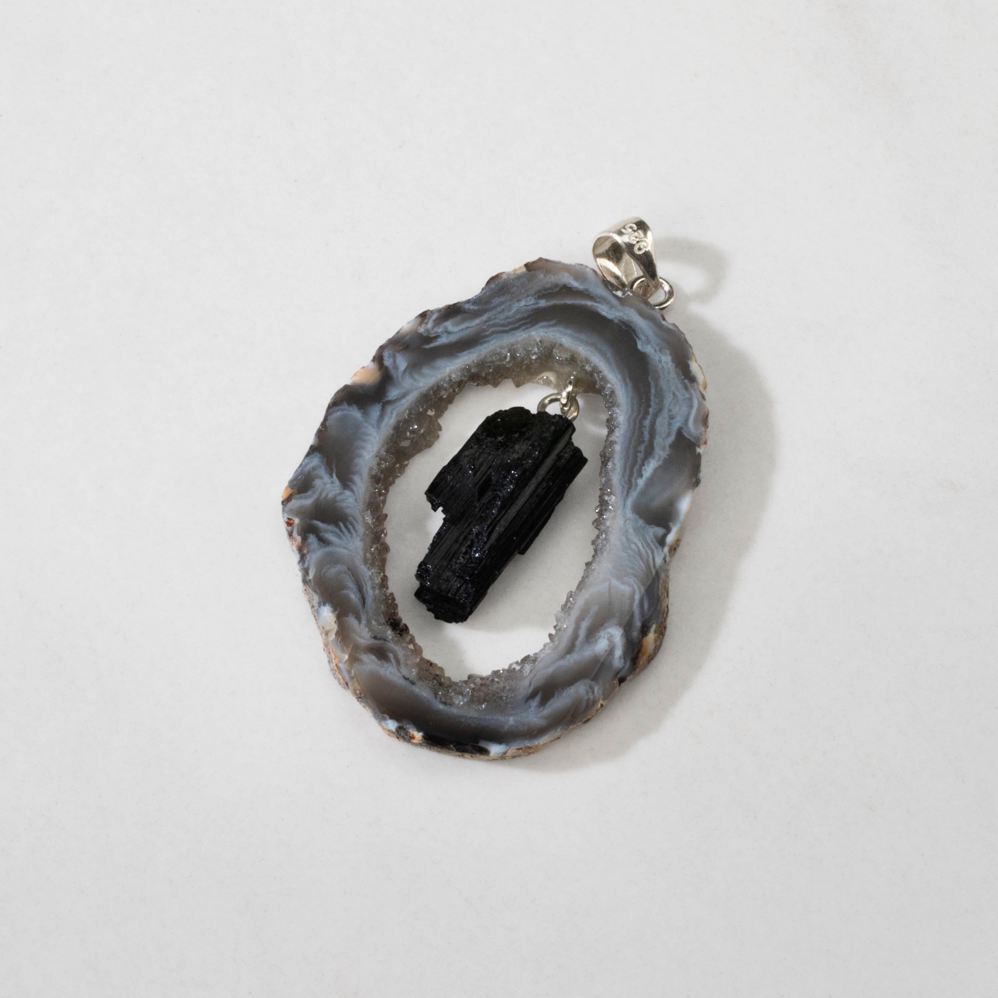 KALIFANO Crystal Jewelry Sterling Silver Agate Pendant with Black Tourmaline Centerpiece CJN-SILV-AG+BT