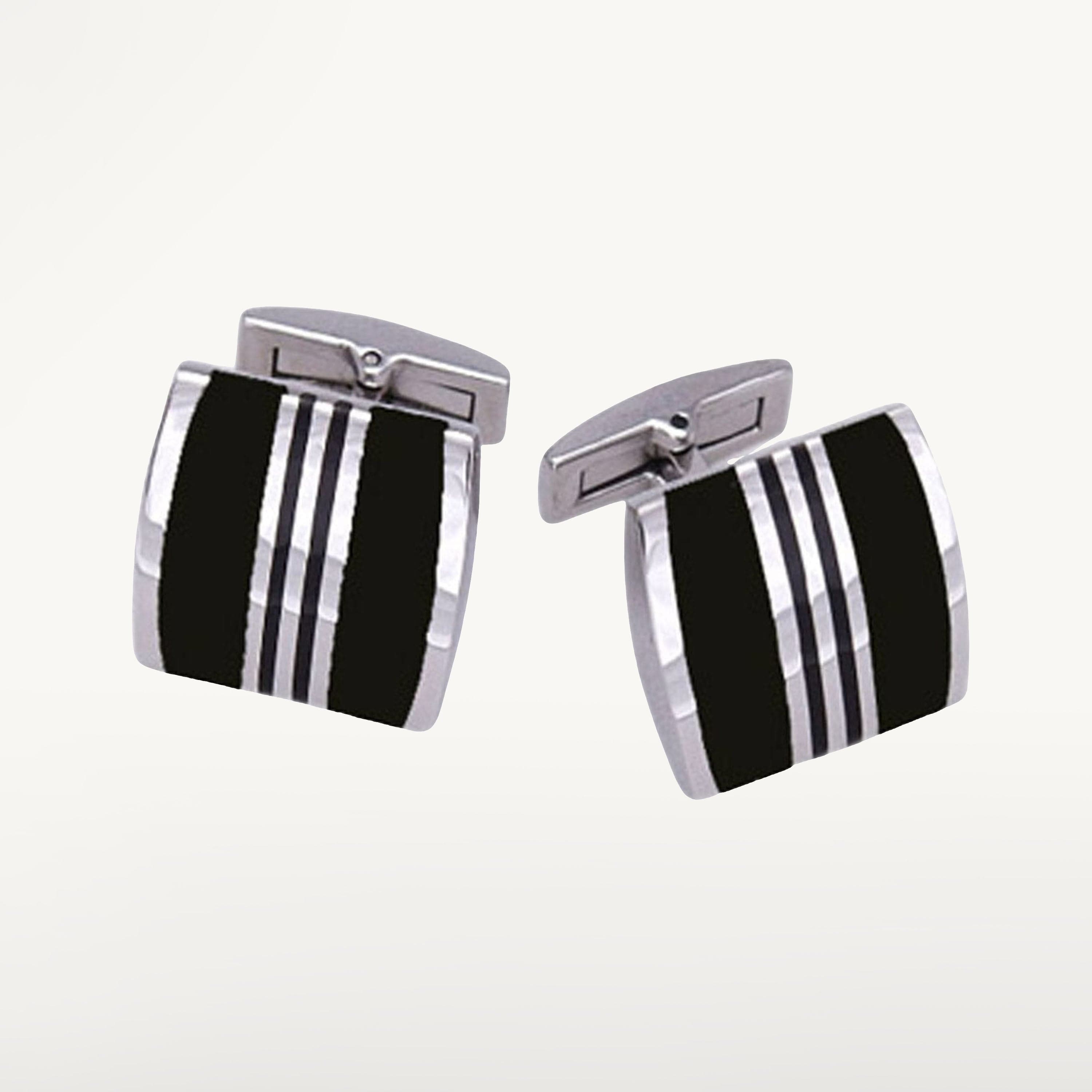 Kalifano Cufflinks CL-71 - Stainless Steel Cuff Links - Fancy Double Line with Black CL-71