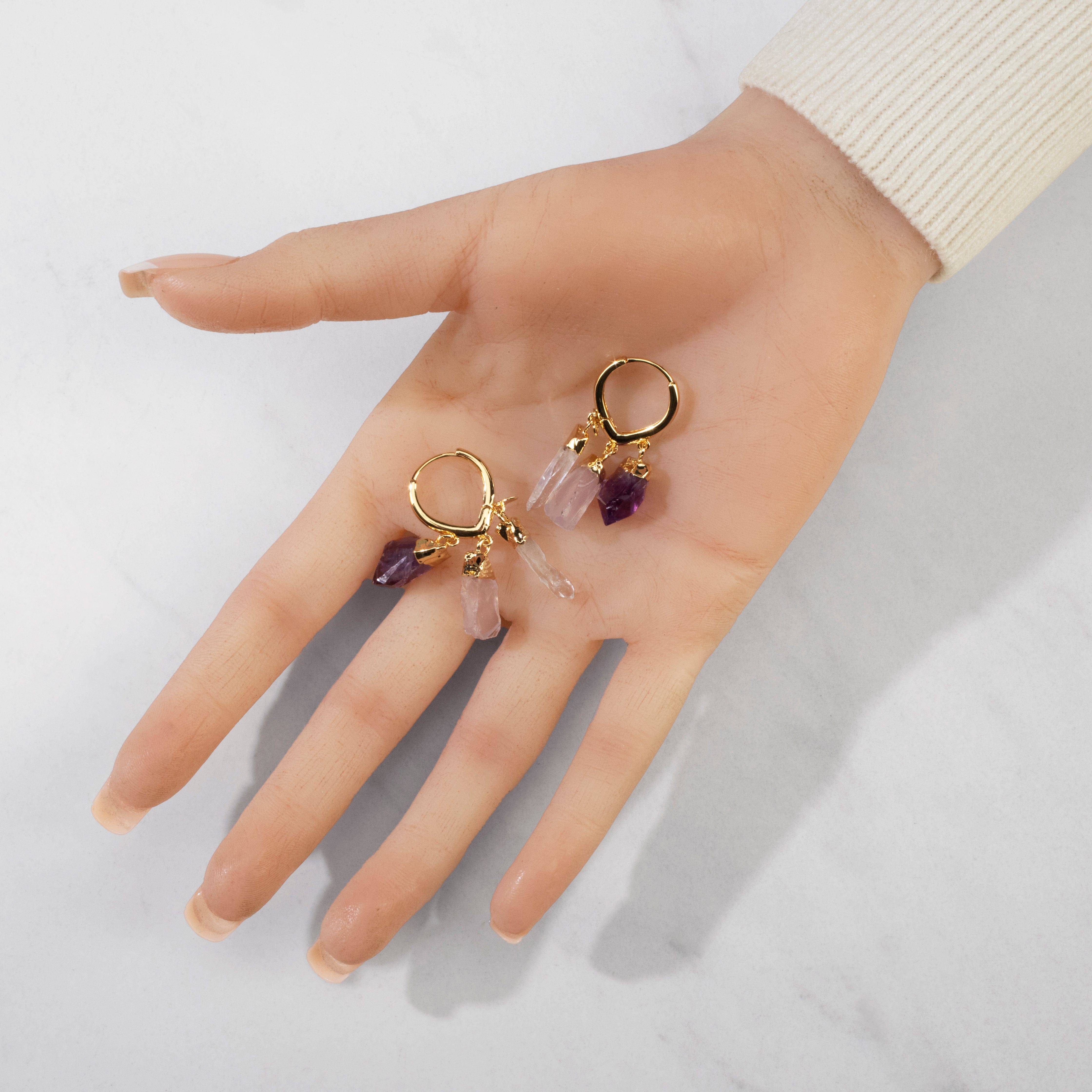 KALIFANO Earrings Amethyst, Rose Quartz, and Quartz Hoop Earrings CJE-1546-AM+CT+QZ