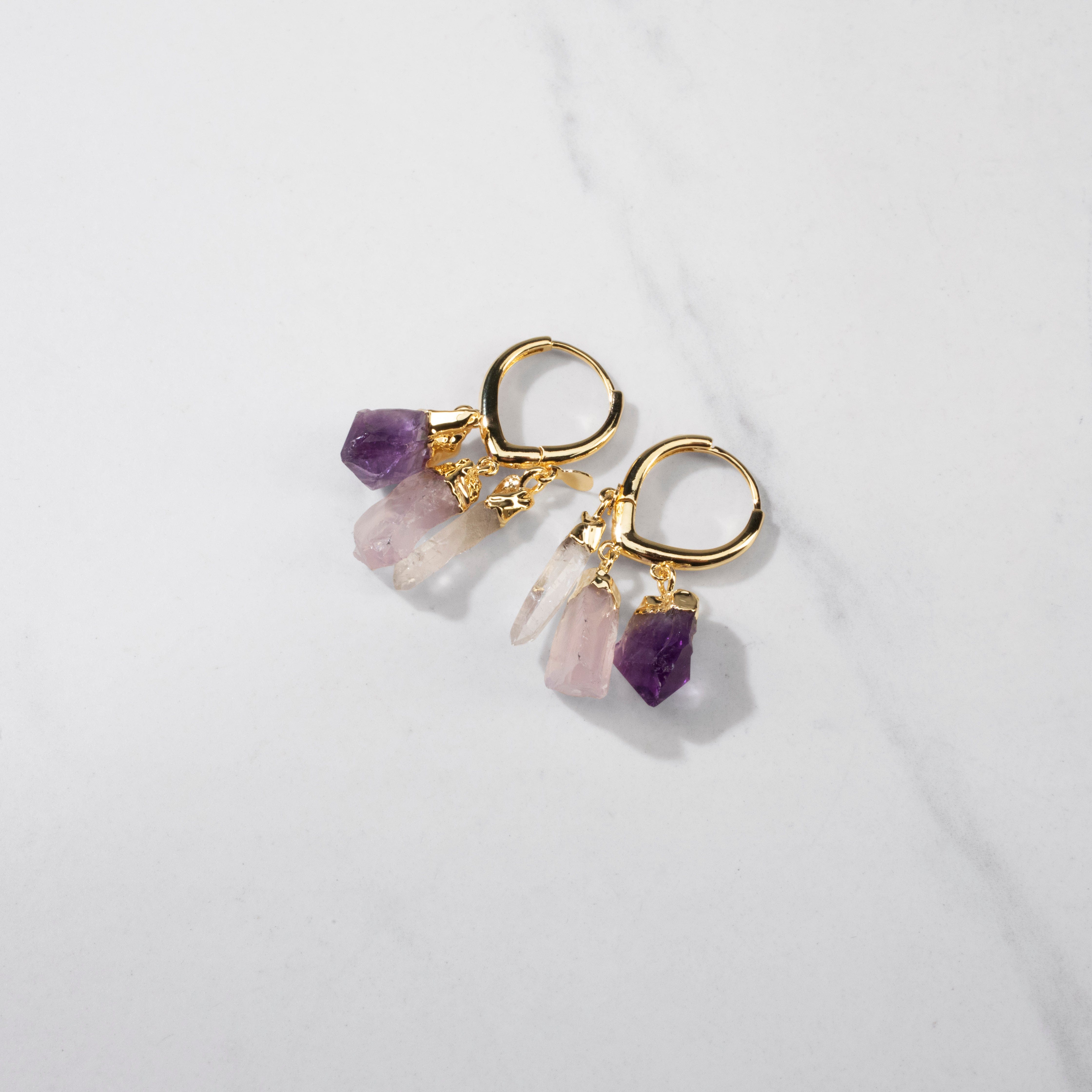KALIFANO Earrings Amethyst, Rose Quartz, and Quartz Hoop Earrings CJE-1546-AM+CT+QZ
