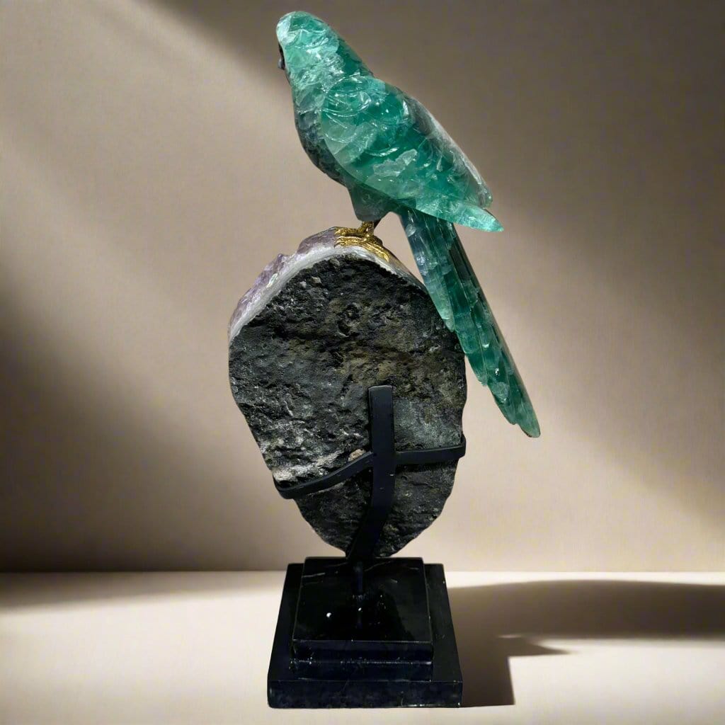 KALIFANO Fluorite Parrot Carving on Amethyst Geode Base - 21" LB40000.001