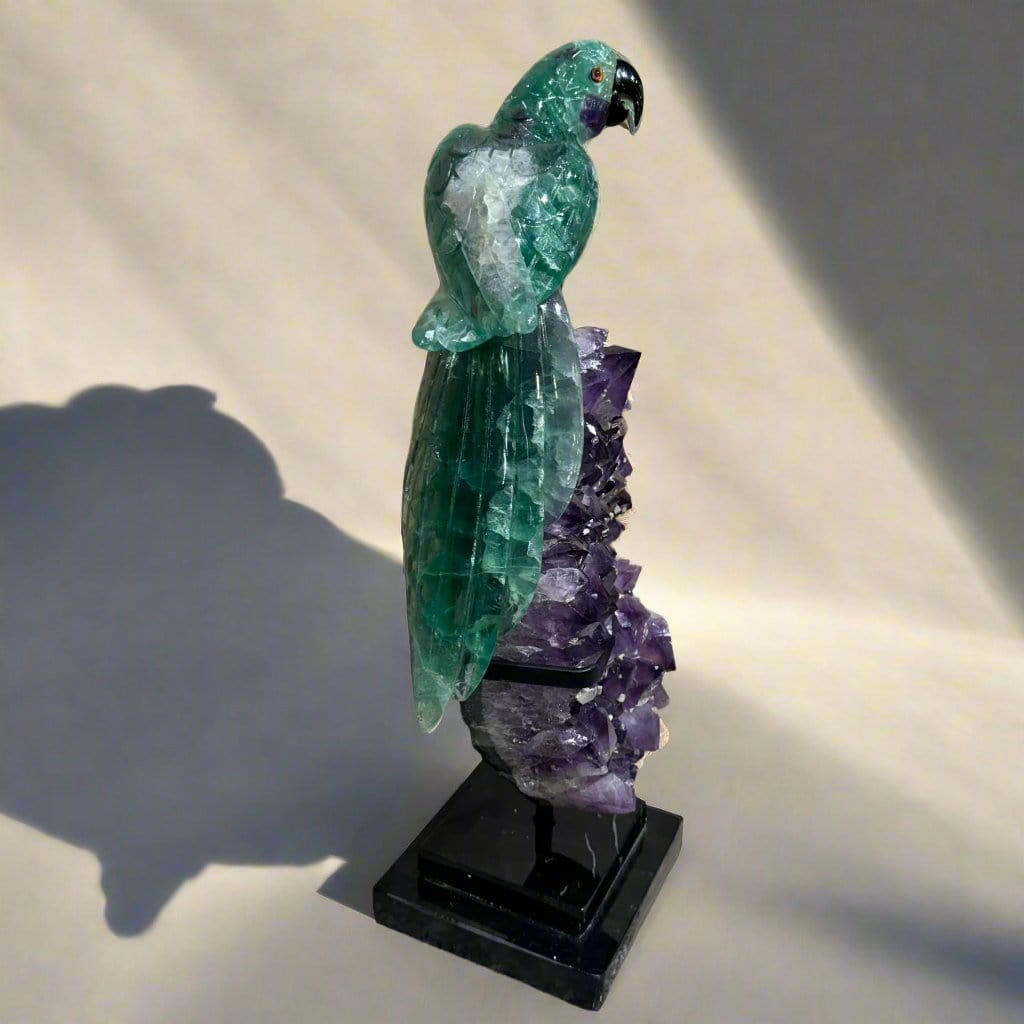 KALIFANO Fluorite Parrot Carving on Amethyst Geode Base - 21" LB40000.001