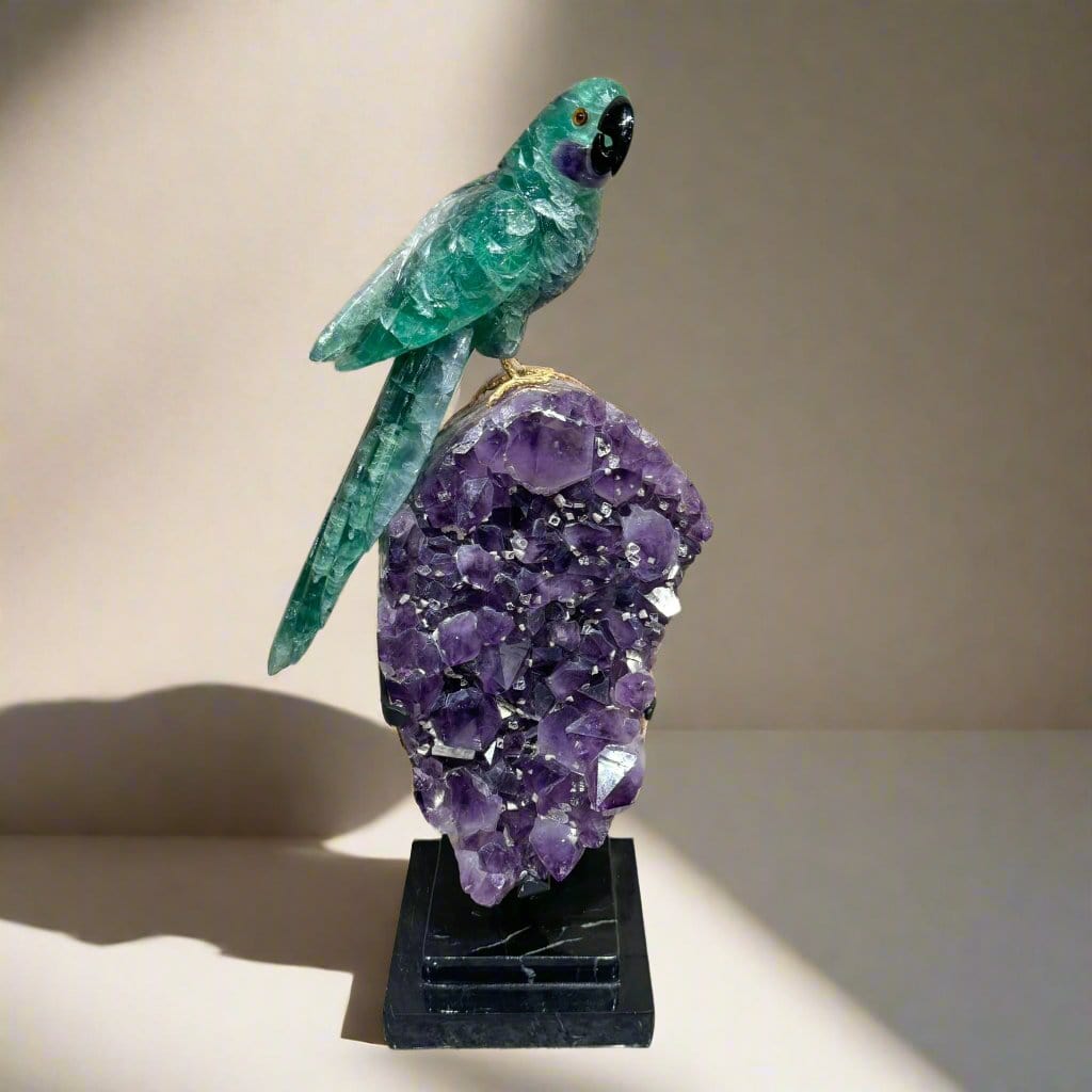 KALIFANO Fluorite Parrot Carving on Amethyst Geode Base - 21" LB40000.001