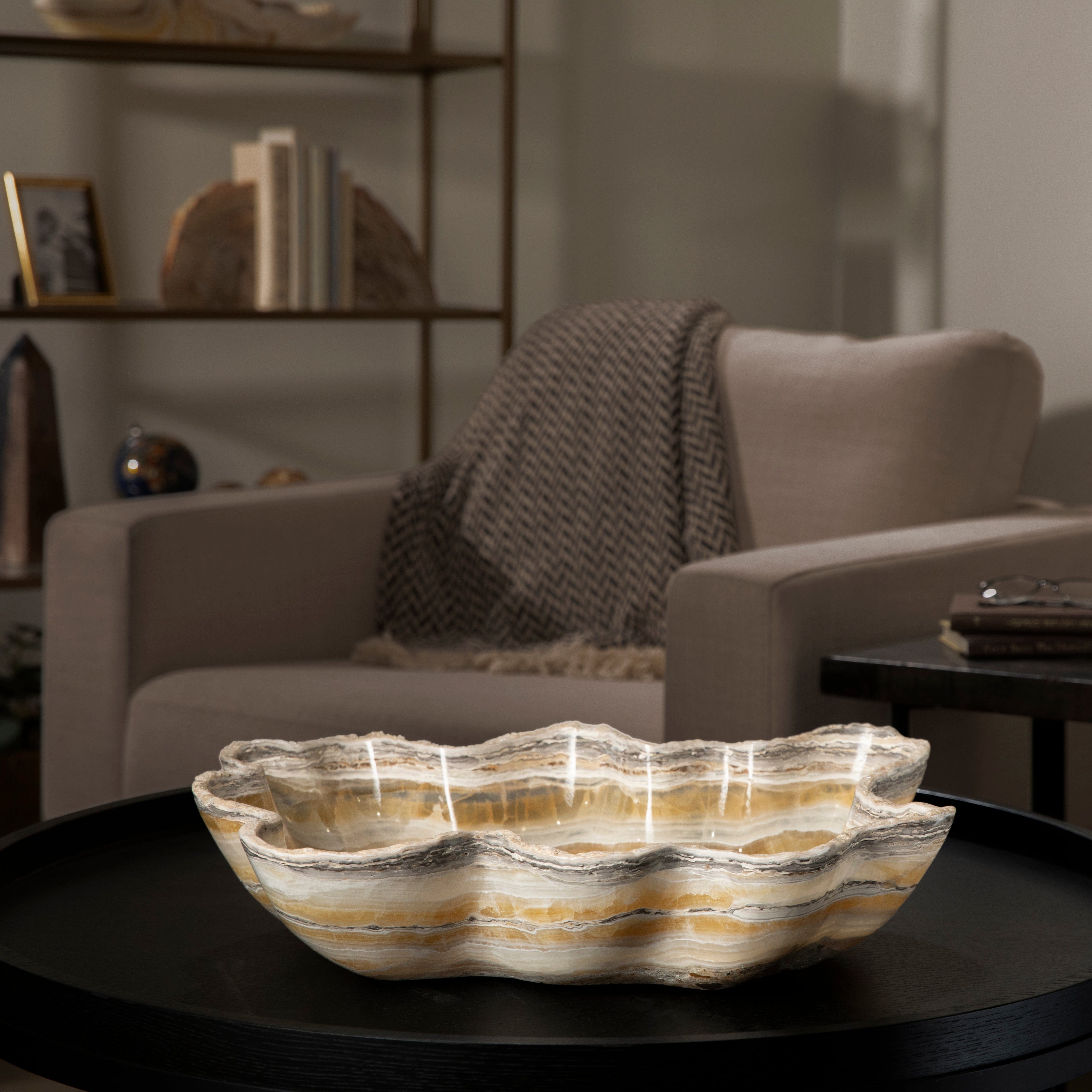 KALIFANO | Natural White and Honey Onyx Bowl 22