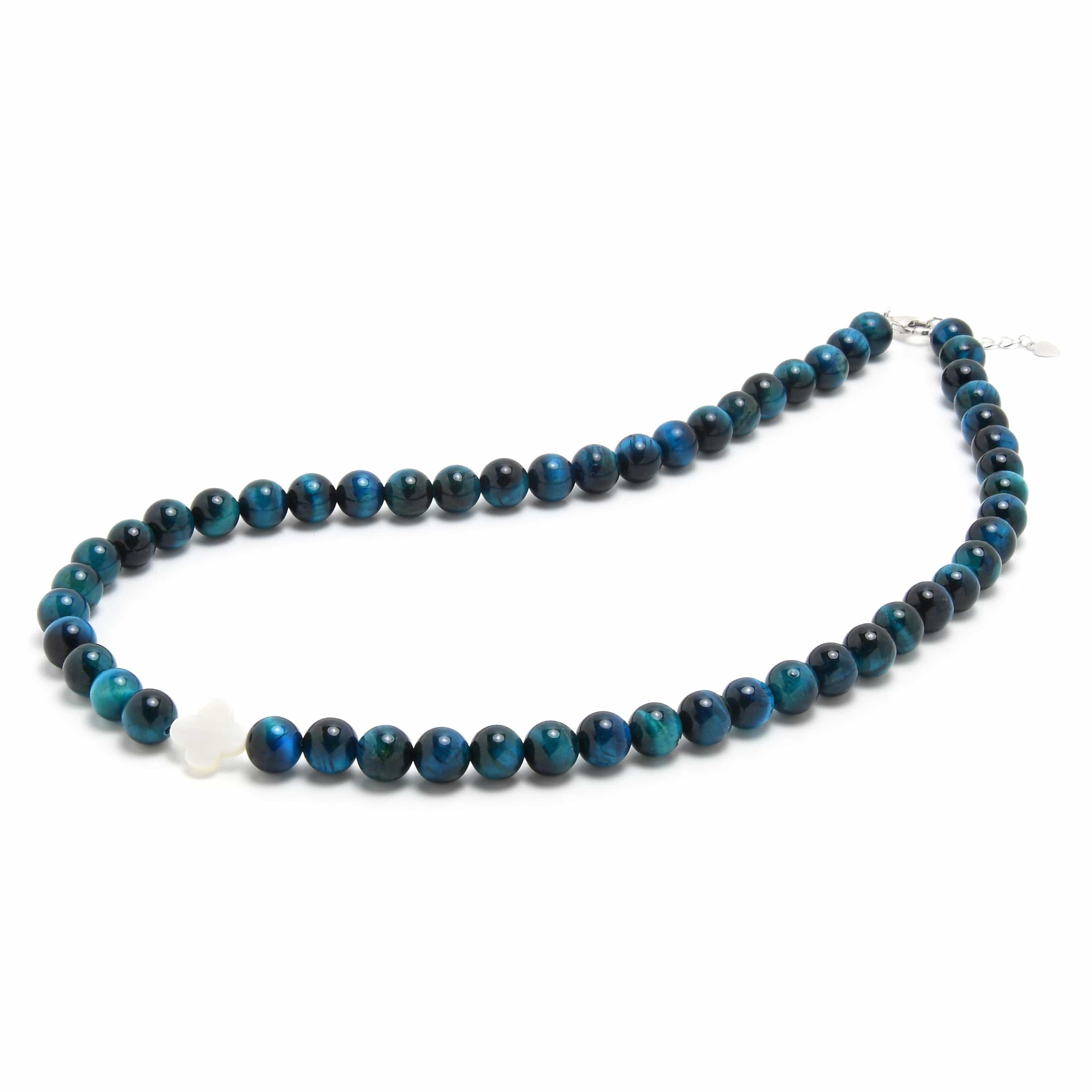 Kalifano Gemstone Bracelets 6mm Blue Tiger Eye Necklace with Mother of Pearl Clover Pendant N6TE-AQ-CL-MOP