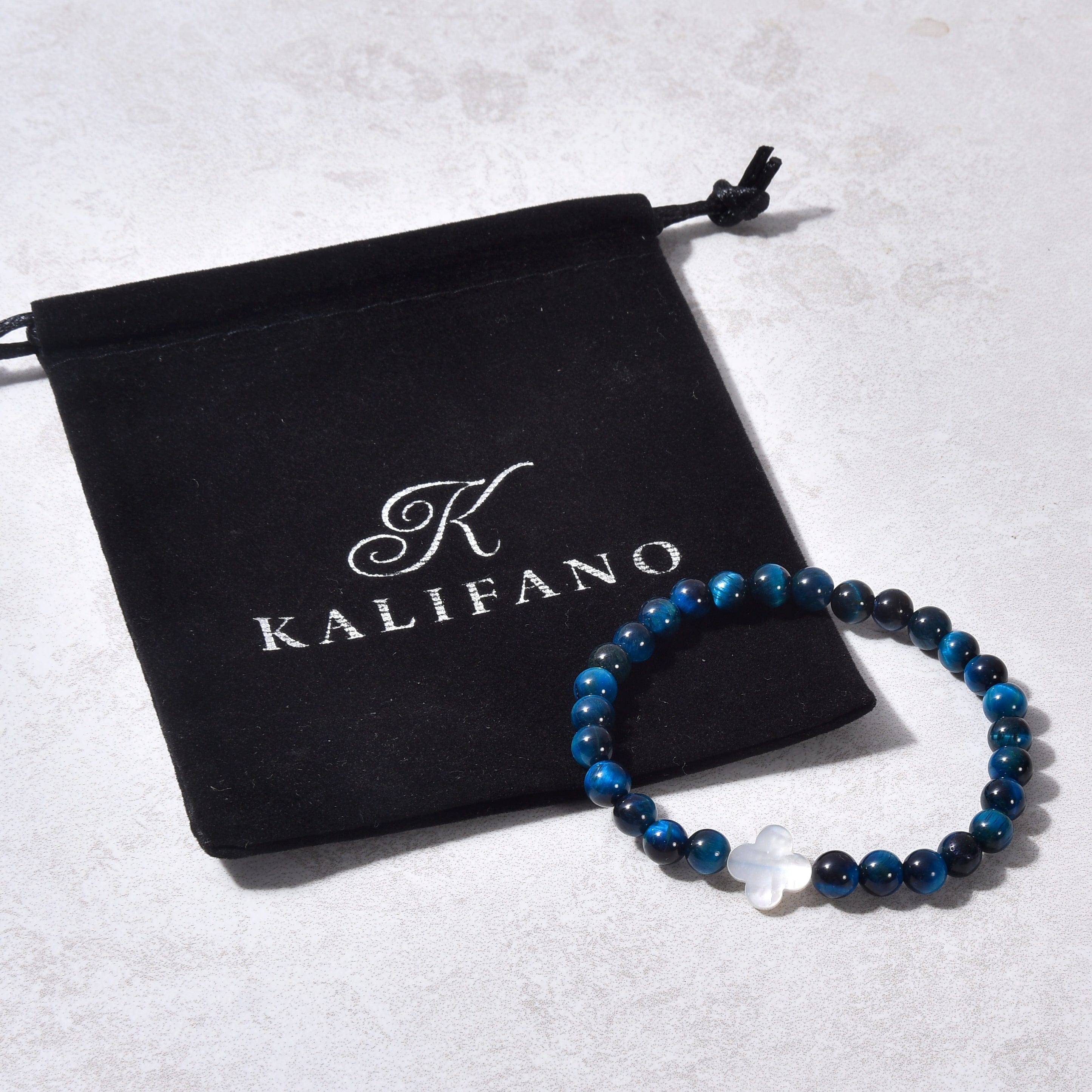 Kalifano Gemstone Bracelets 6mm Blue Tiger Eye Stretch Bracelet with Mother of Pearl Clover