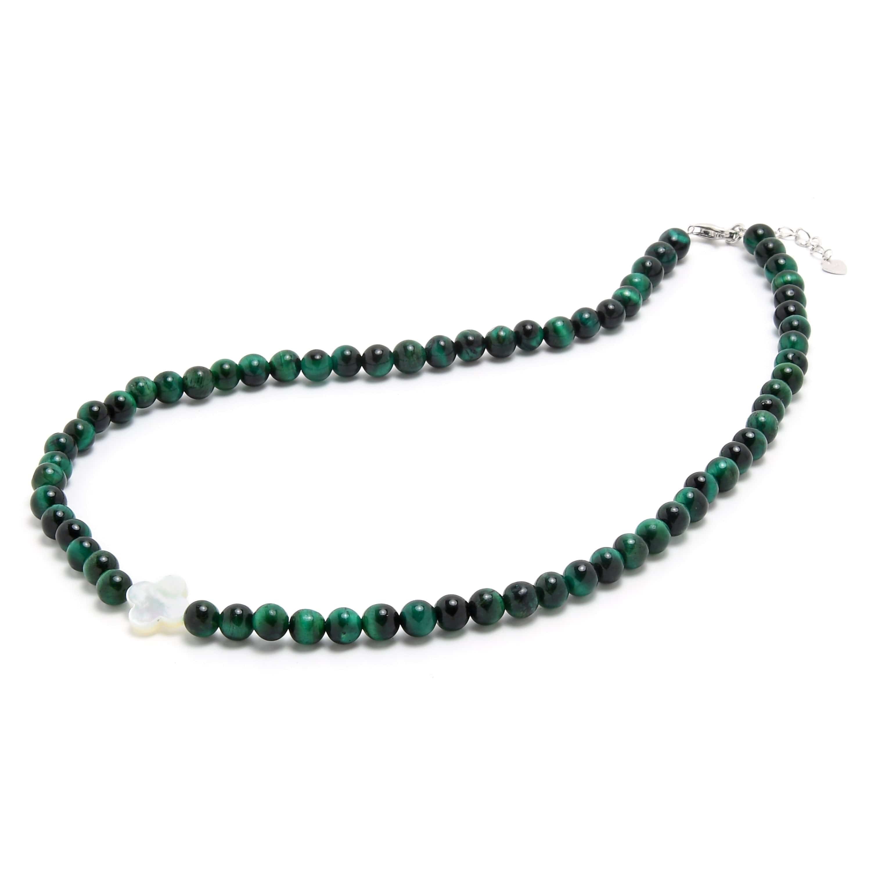 Kalifano Gemstone Bracelets 6mm Green Tiger Eye Necklace with Mother of Pearl Clover Pendant N6TE-GR-CL-MOP