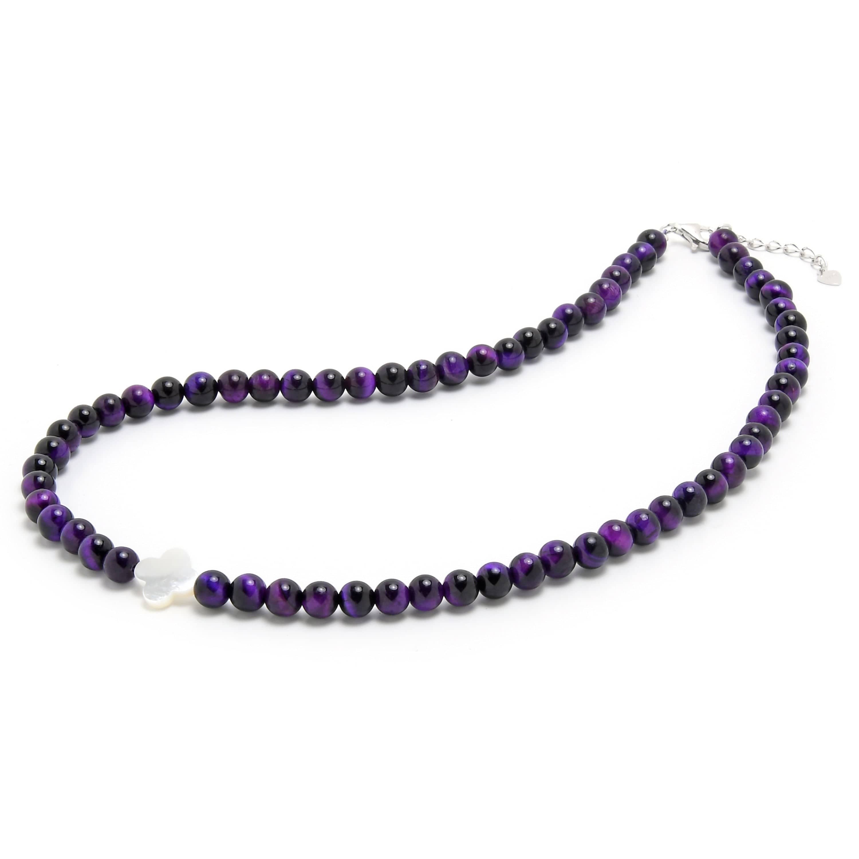 Kalifano Gemstone Bracelets 6mm Purple Tiger Eye Necklace with Mother of Pearl Clover Pendant N6TE-PP-CL-MOP