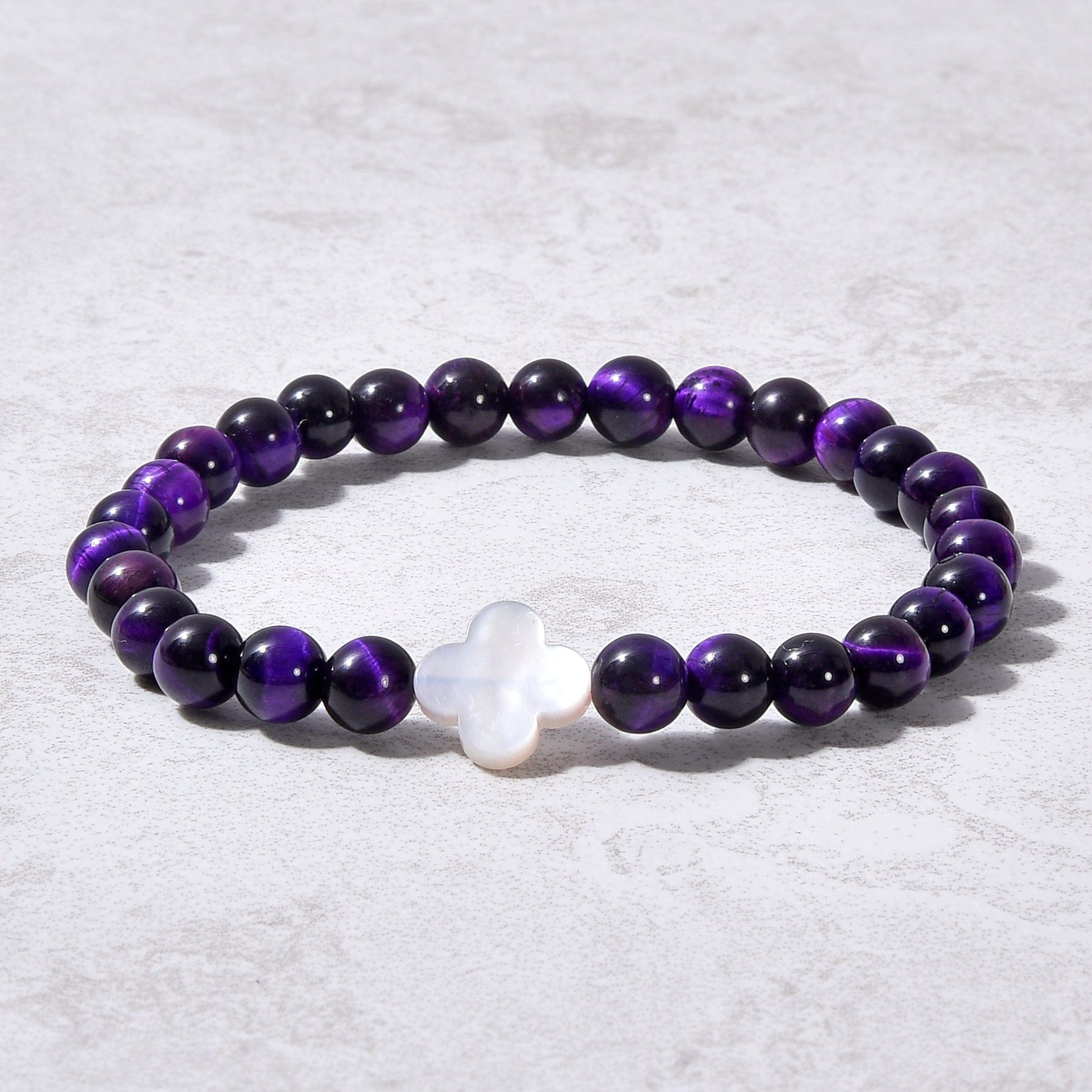 Kalifano Gemstone Bracelets 6mm Purple Tiger Eye Stretch Bracelet with Mother of Pearl Clover