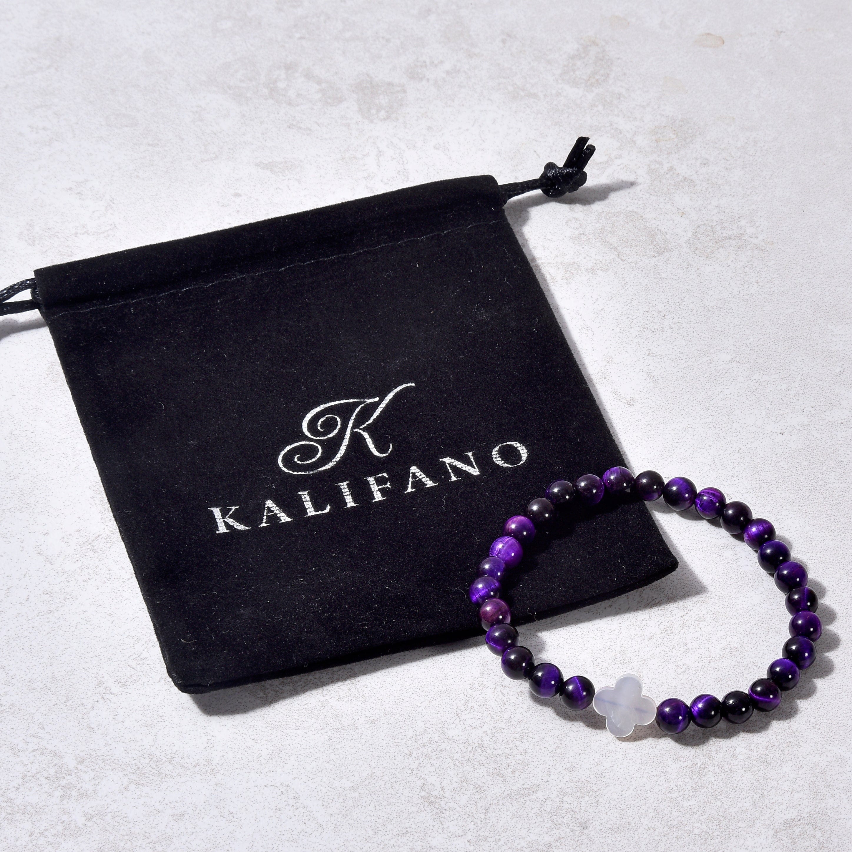 Kalifano Gemstone Bracelets 6mm Purple Tiger Eye Stretch Bracelet with Mother of Pearl Clover