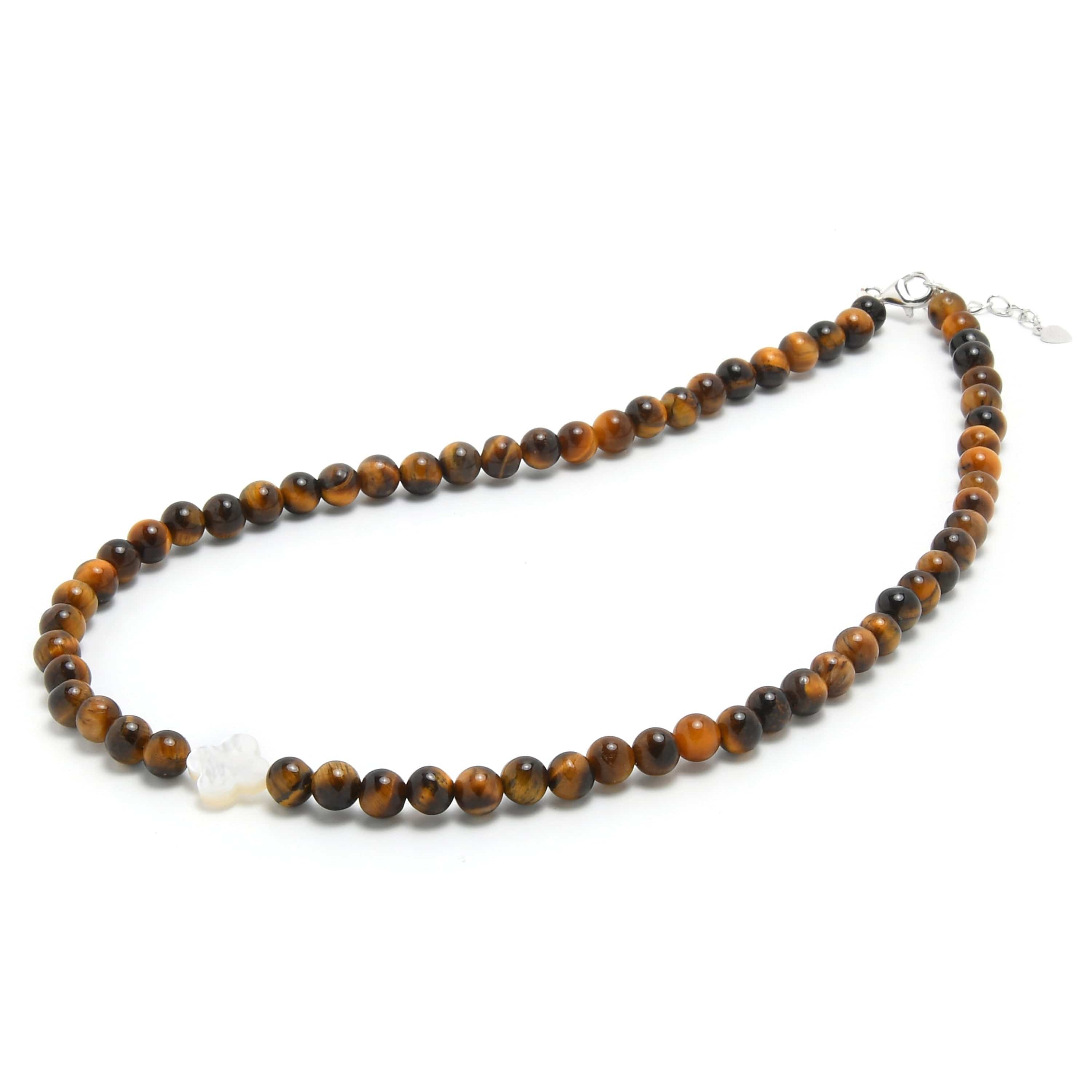 Kalifano Gemstone Bracelets 6mm Tiger Eye Necklace with Mother of Pearl Clover Pendant N6TE-CL-MOP