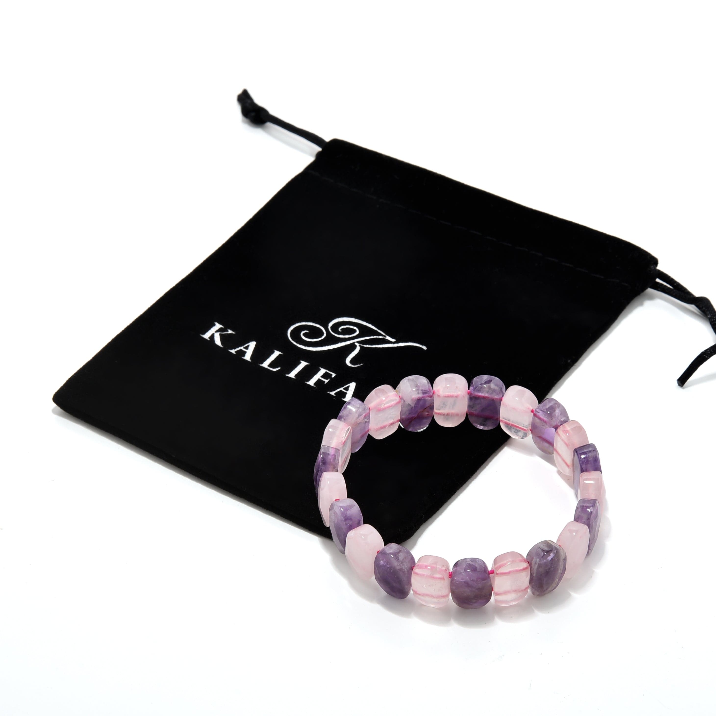 Kalifano Gemstone Bracelets Amethyst and Rose Quartz 14mm Gemstone Bead Elastic Bracelet GOLD-BGP-095
