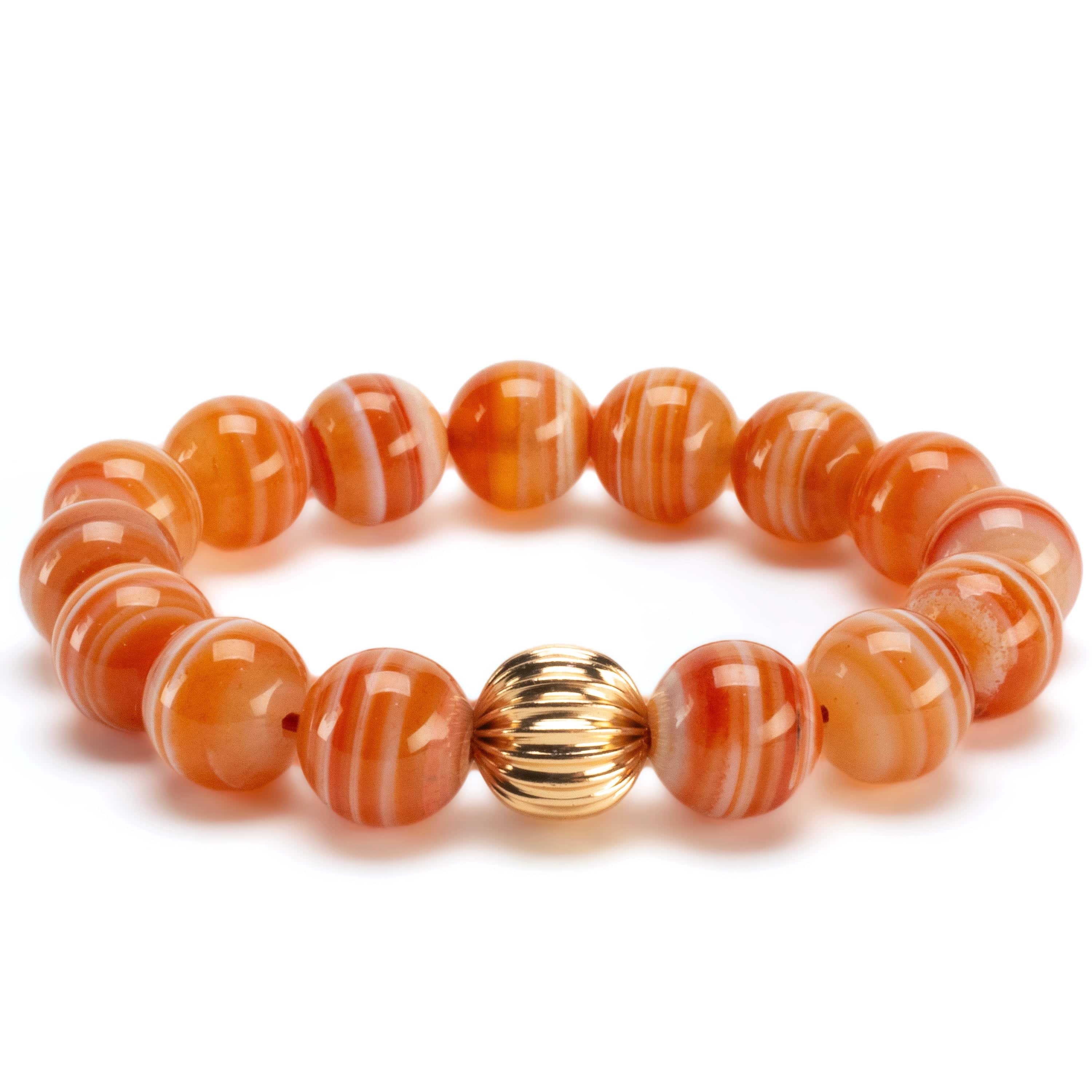 Polished Banded Carnelian 12mm Gemstone Bead Elastic Bracelet with Gold Accent Bead