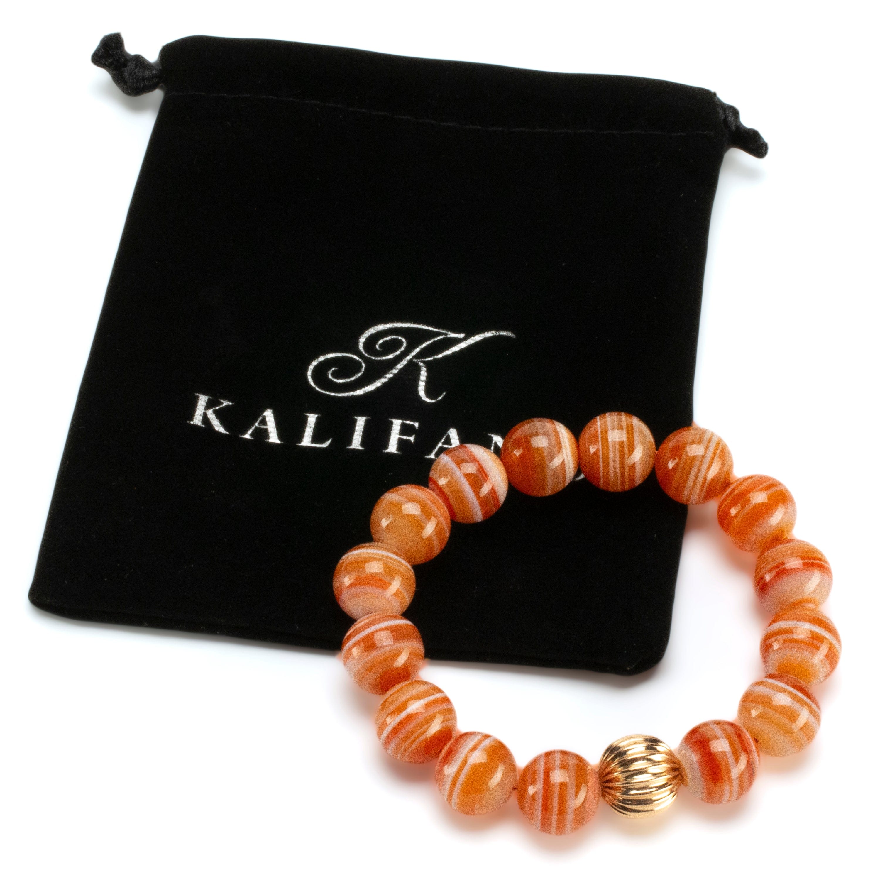 Kalifano Gemstone Bracelets Black Agate 12mm Beads with Gold Accent Bead Elastic Gemstone Bracelet RED-BGP-067