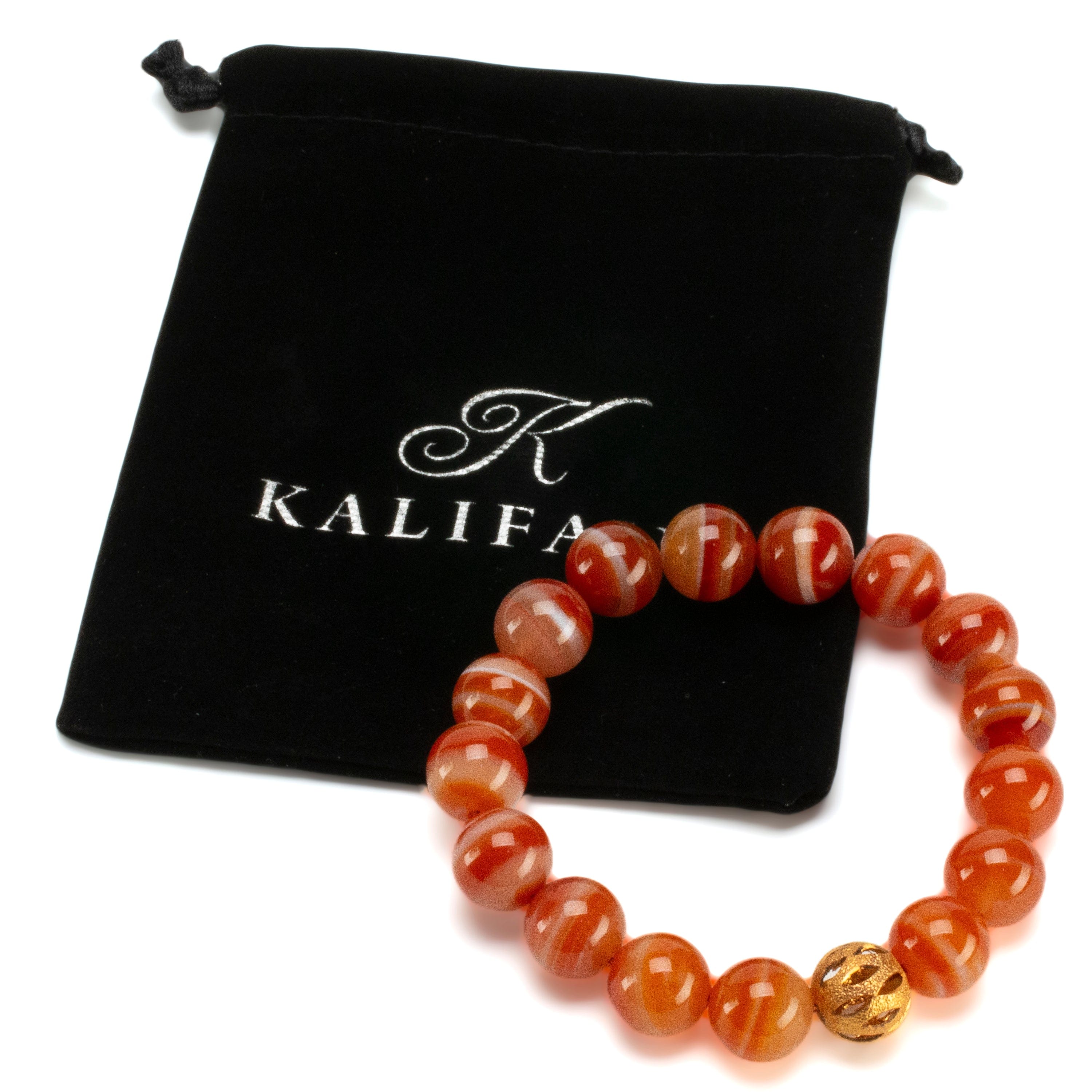 Kalifano Gemstone Bracelets Black Agate 12mm Beads with Matte Gold Accent Bead Elastic Gemstone Bracelet RED-BGP-069