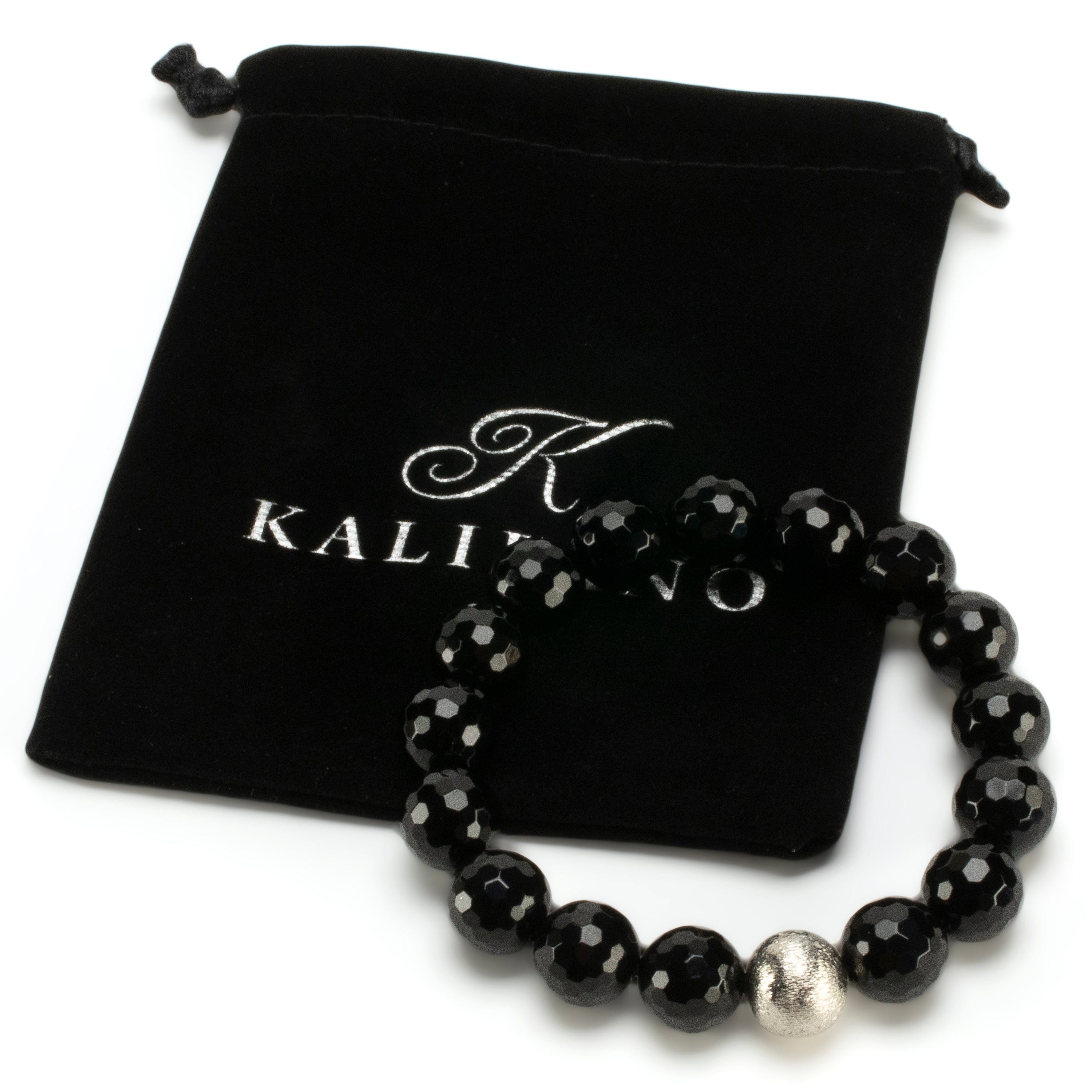 Kalifano Gemstone Bracelets Black Agate 12mm Beads with Matte Silver Accent Bead Elastic Gemstone Bracelet RED-BGP-070