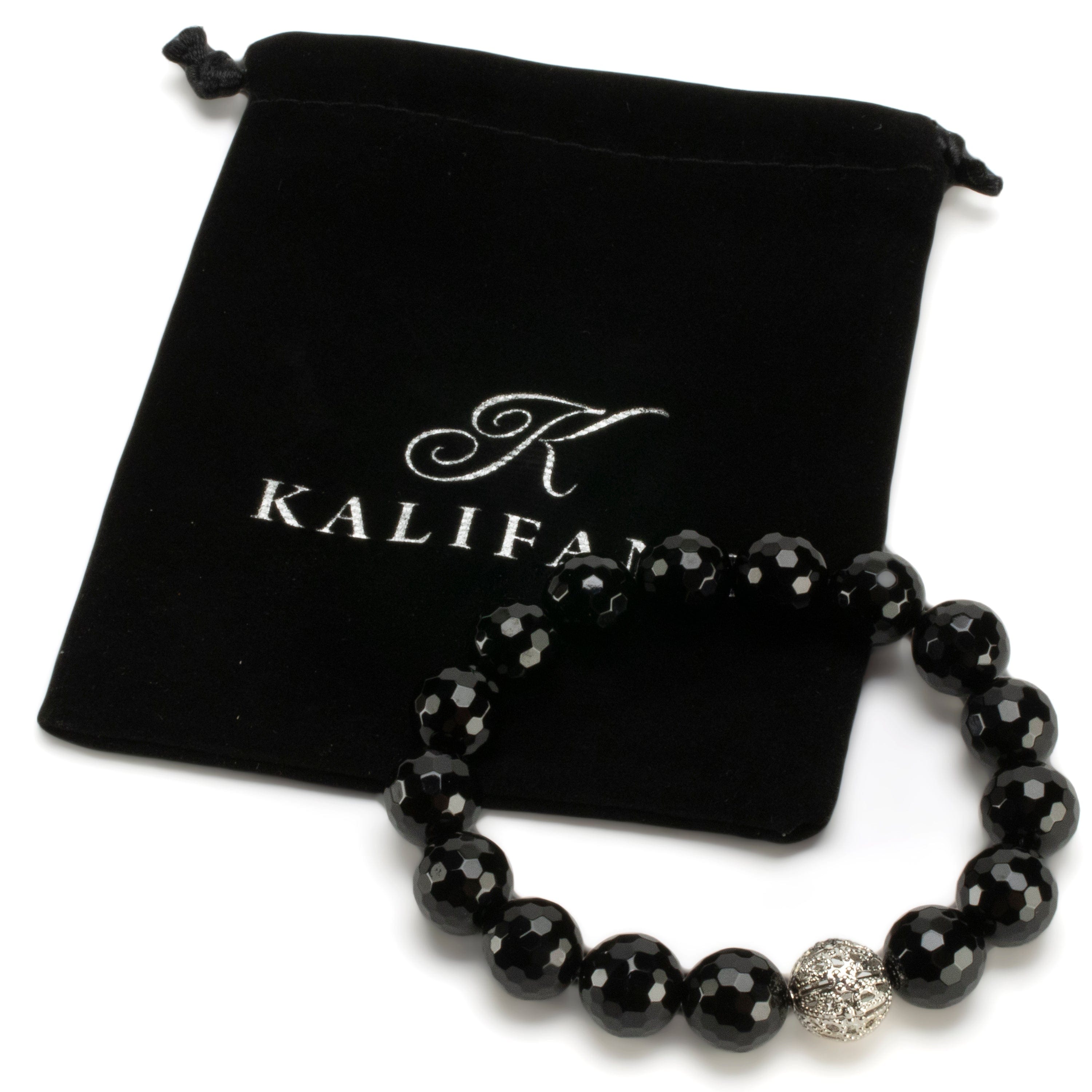 Kalifano Gemstone Bracelets Black Agate 12mm Beads with Silver Accent Bead Elastic Gemstone Bracelet RED-BGP-068